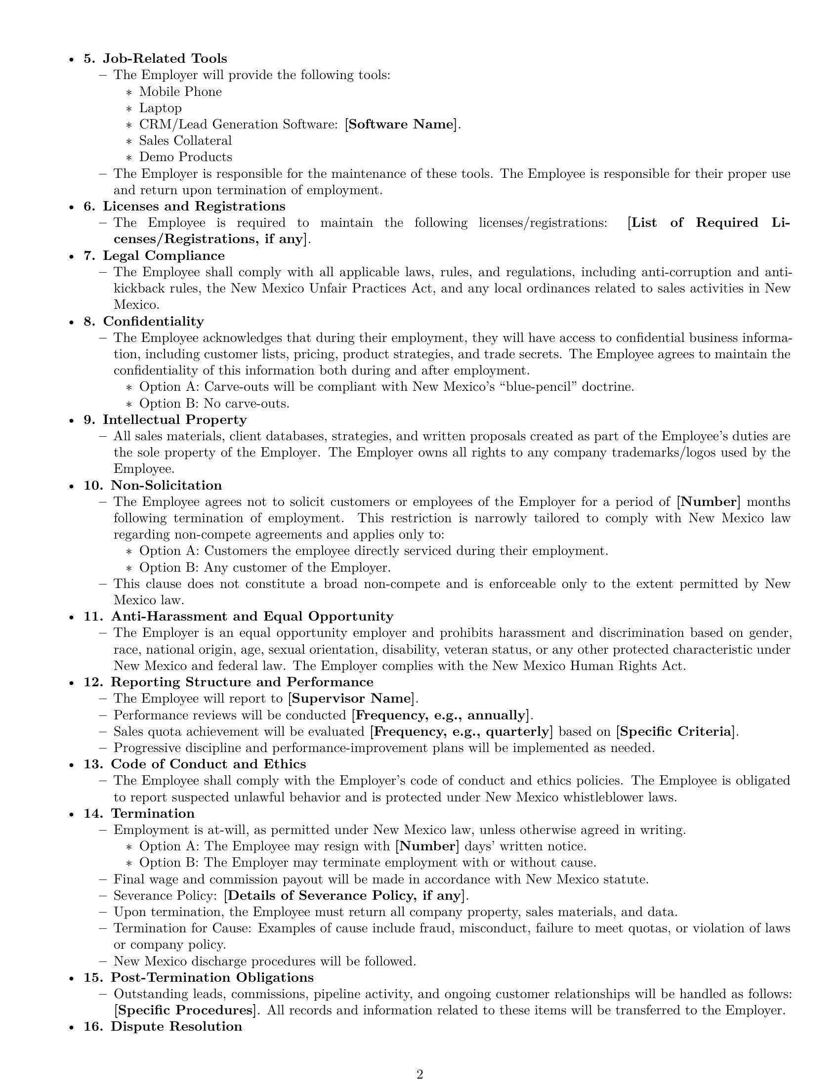 Preview page 2 of Free New Mexico sales representative employment contract template
