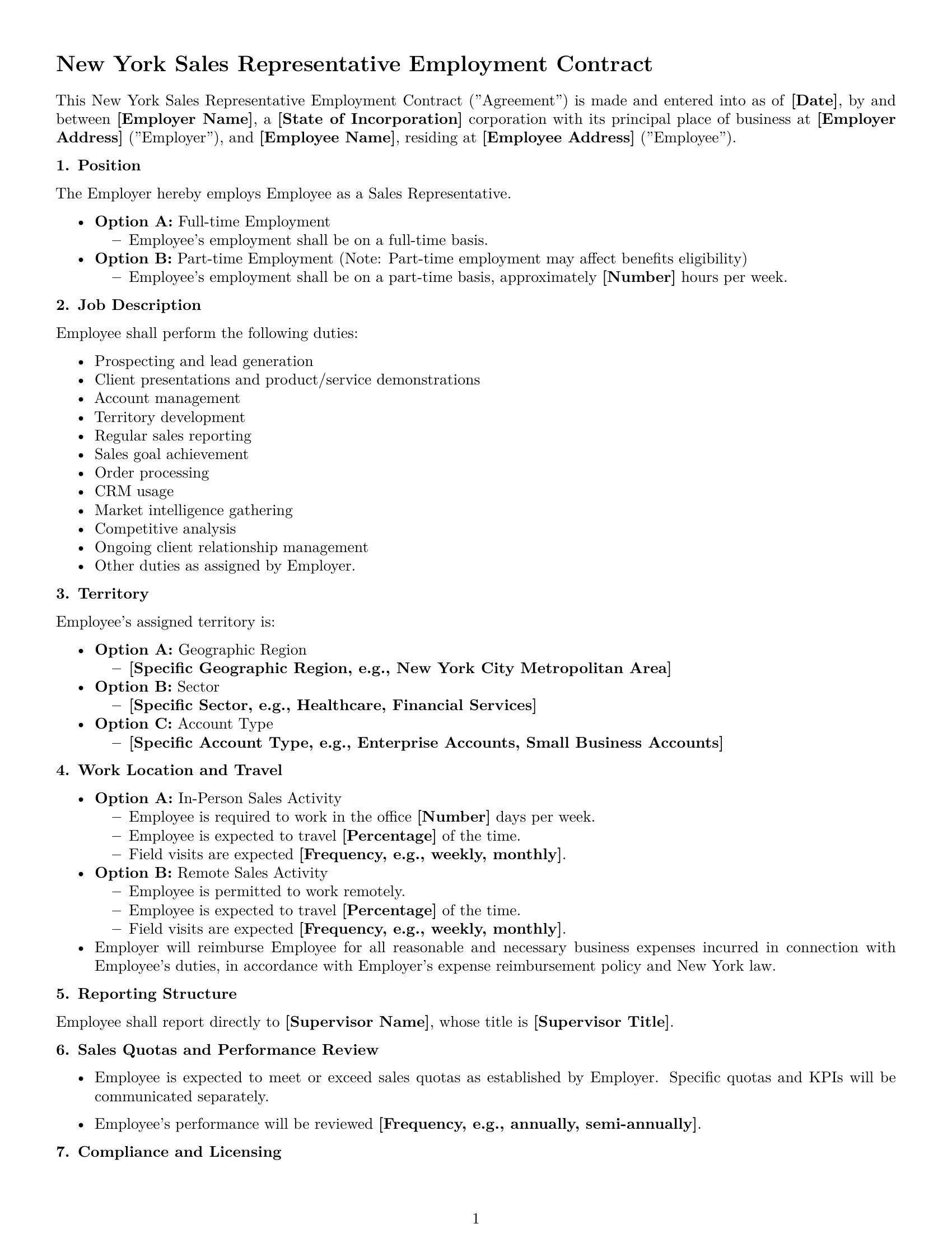 Preview page 1 of Free New York sales representative employment contract template