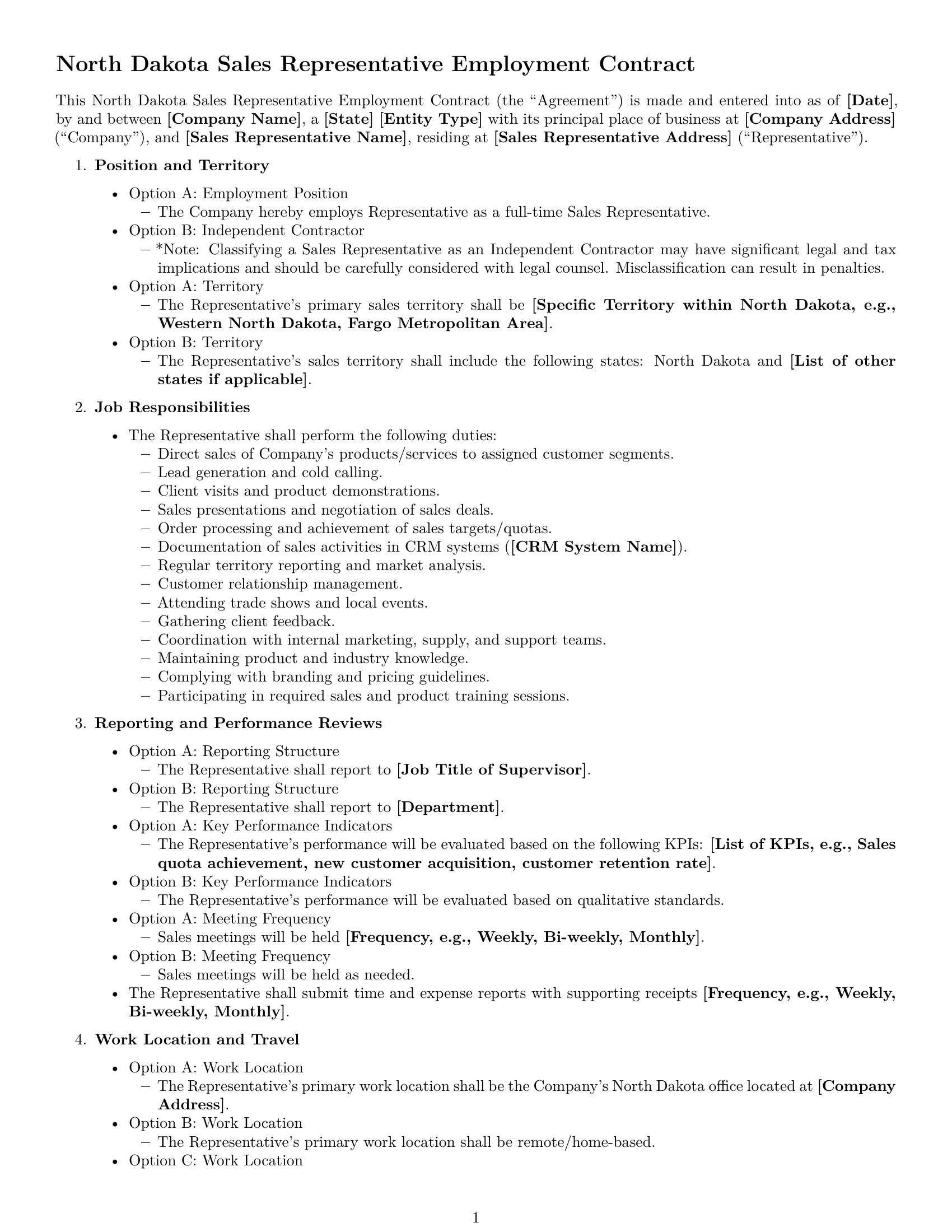 Preview page 1 of Free North Dakota sales representative employment contract template