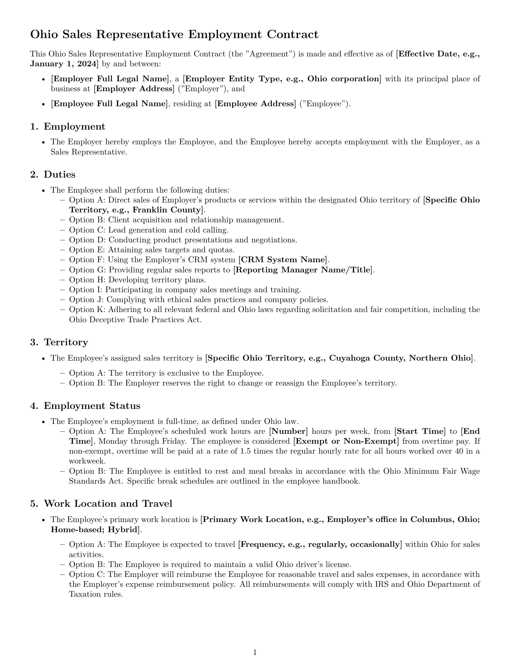 Preview page 1 of Free Ohio sales representative employment contract template