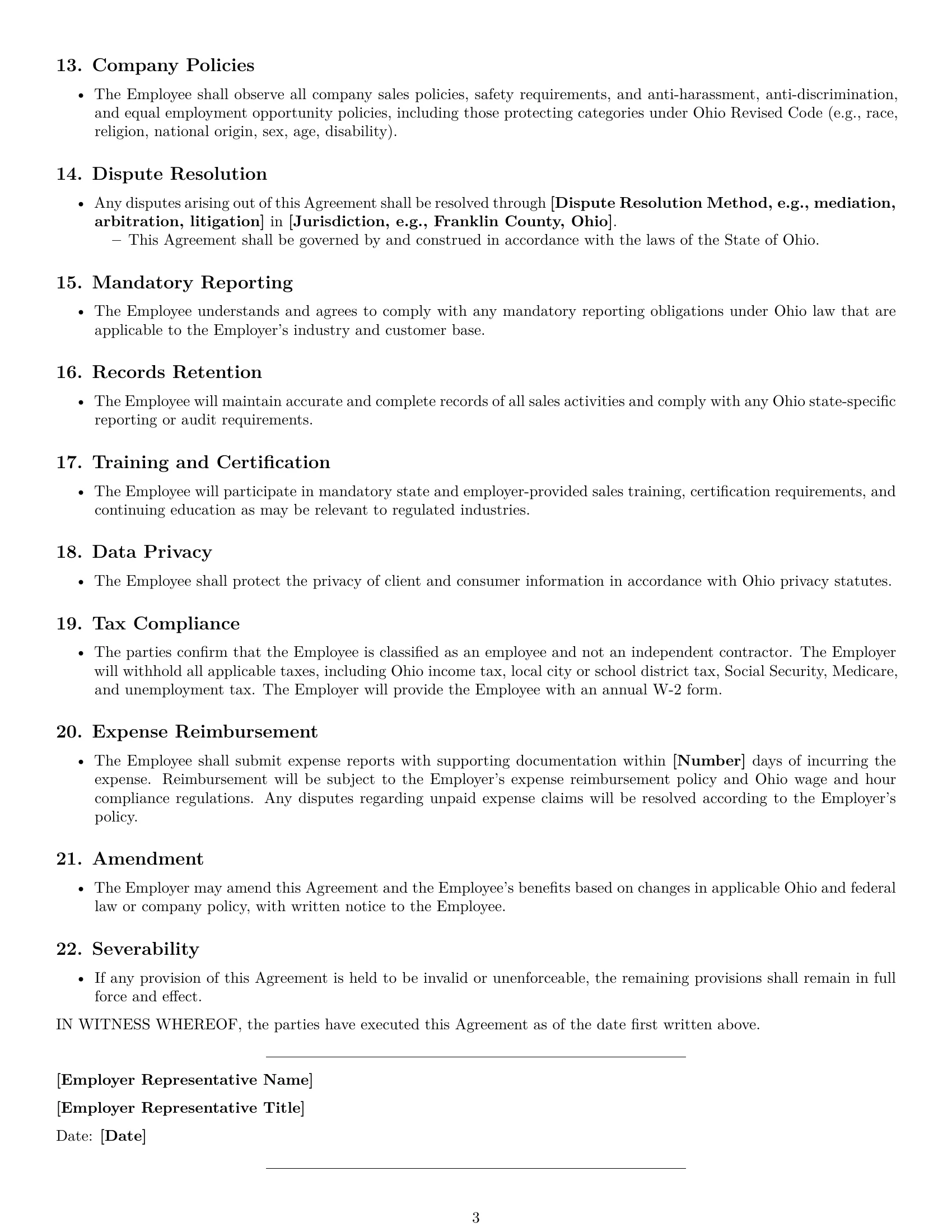 Preview page 3 of Free Ohio sales representative employment contract template