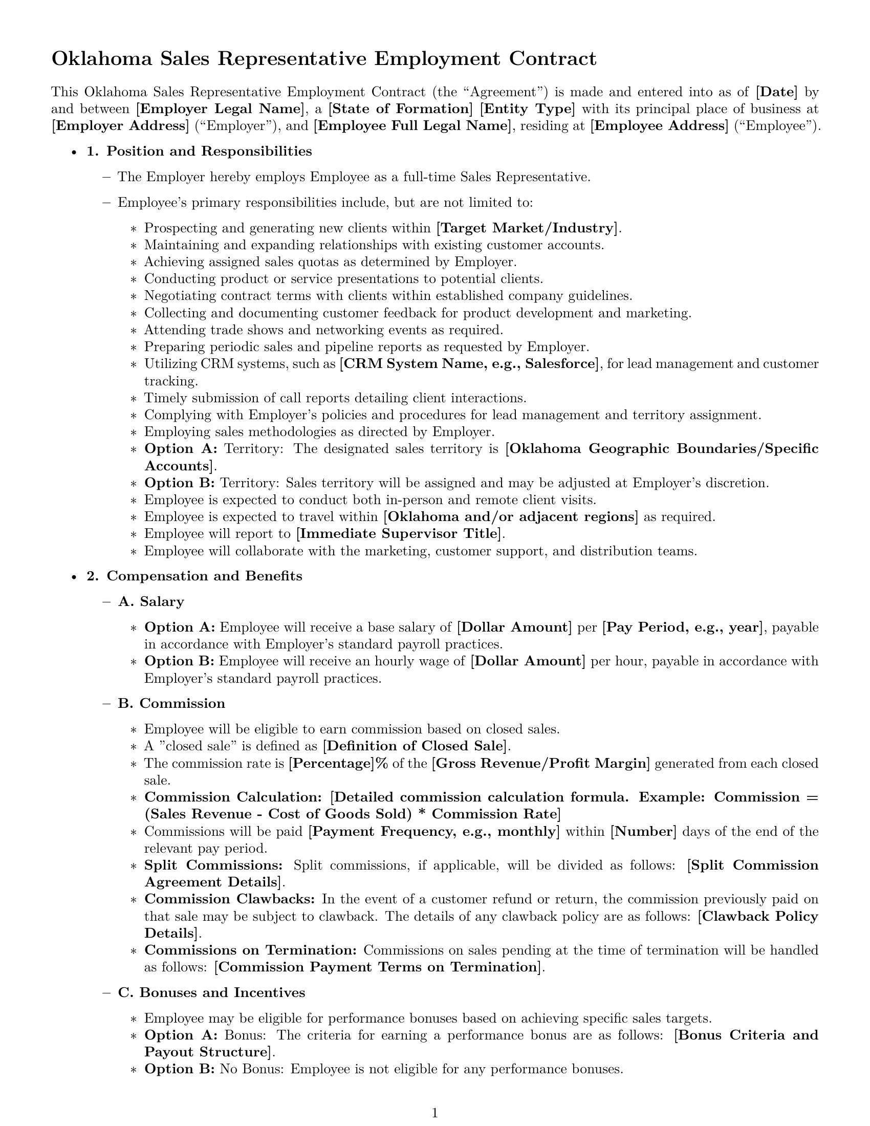 Preview page 1 of Free Oklahoma sales representative employment contract template