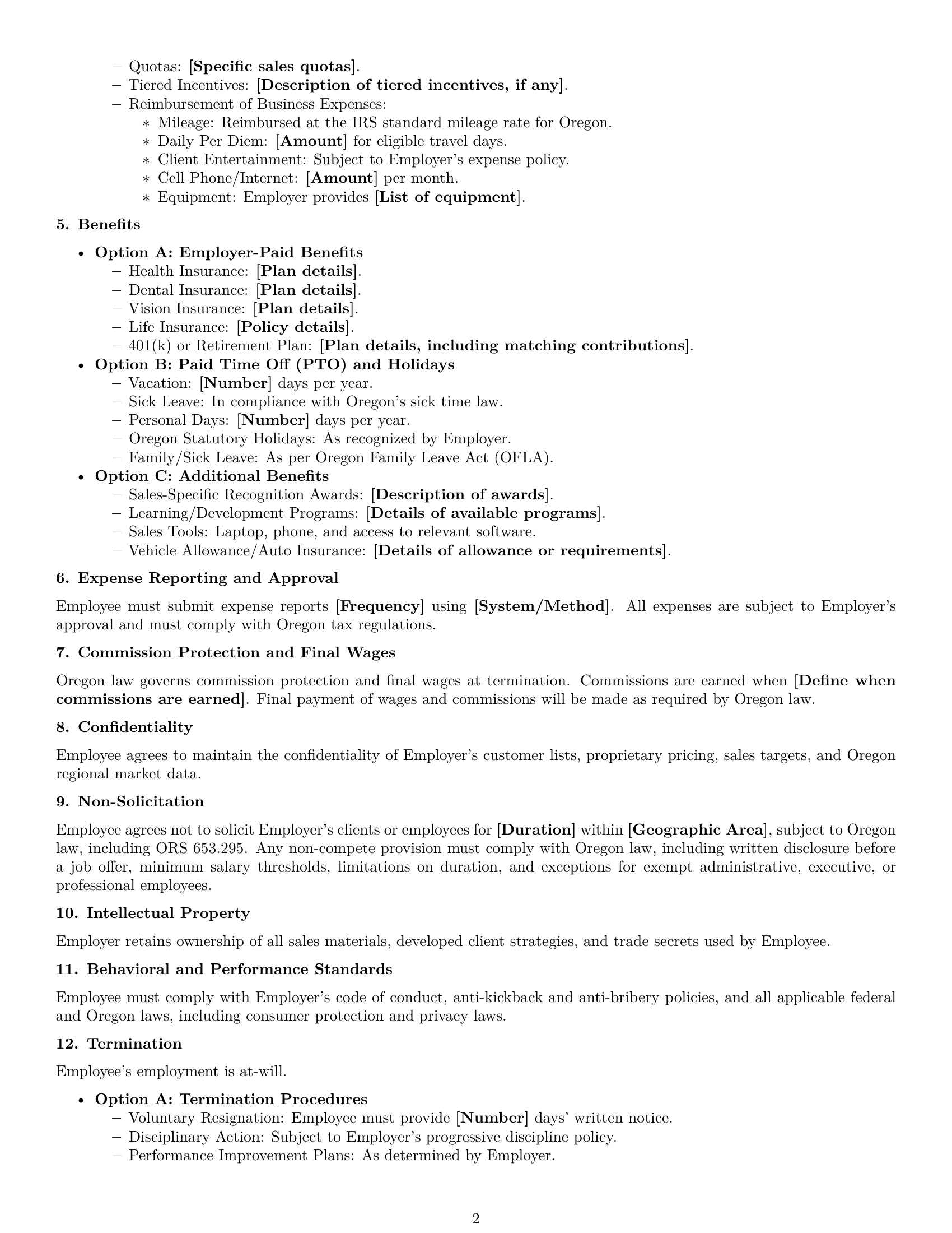 Preview page 2 of Free Oregon sales representative employment contract template