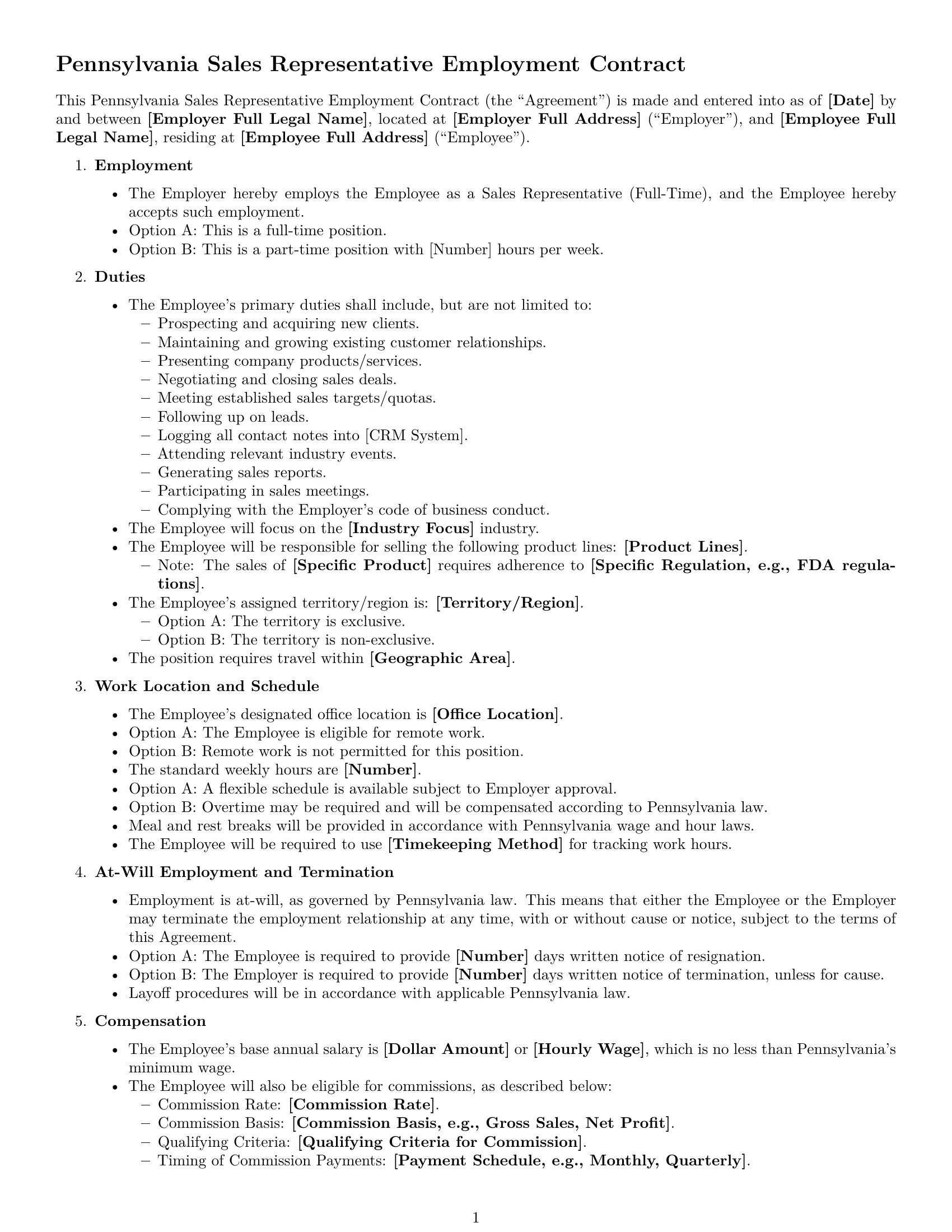 Preview page 1 of Free Pennsylvania sales representative employment contract template