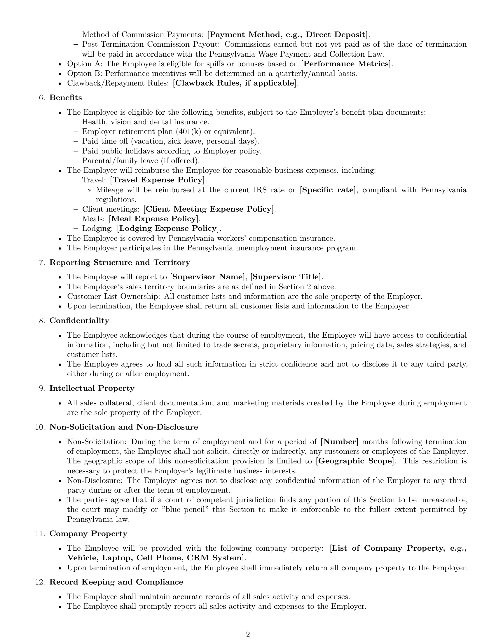 Preview page 2 of Free Pennsylvania sales representative employment contract template