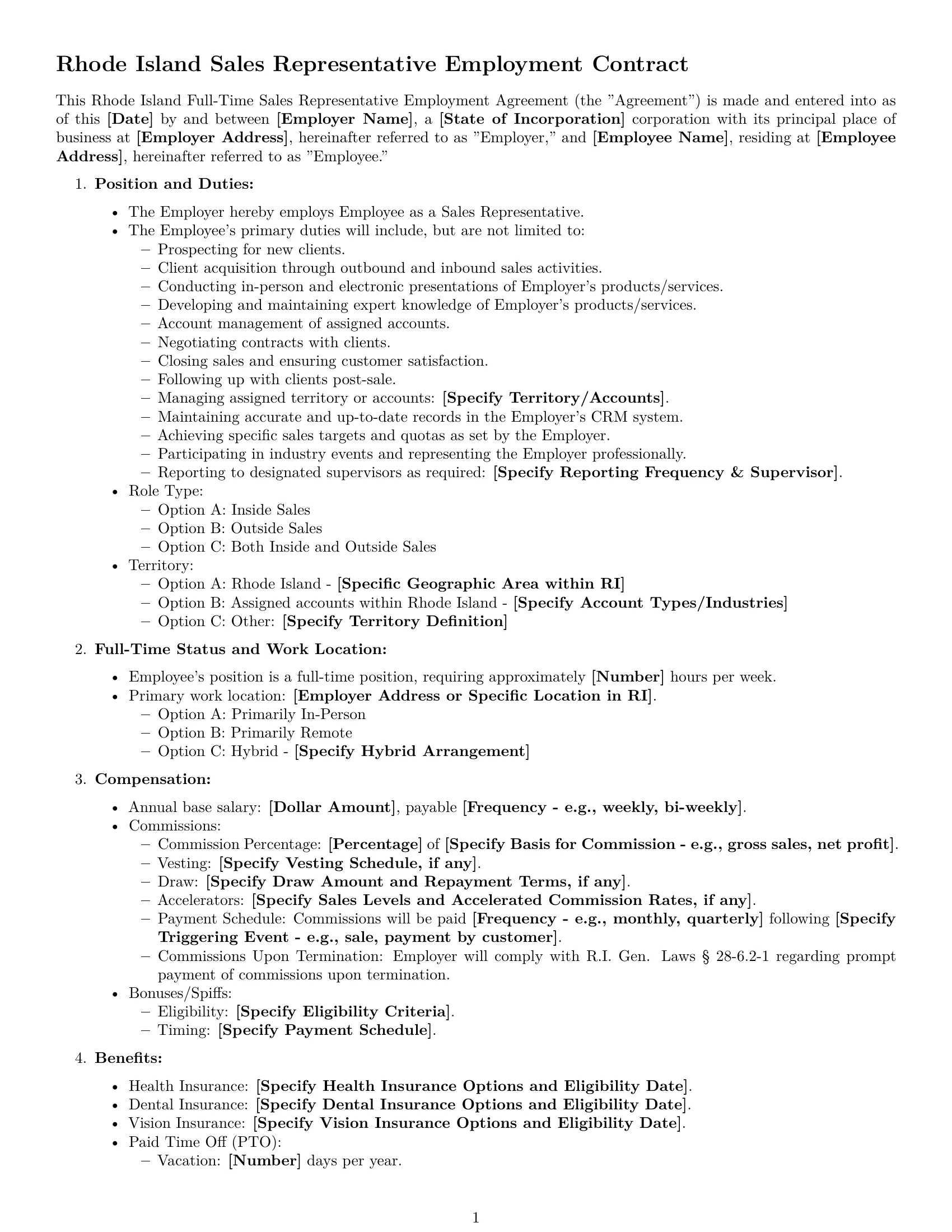 Preview page 1 of Free Rhode Island sales representative employment contract template