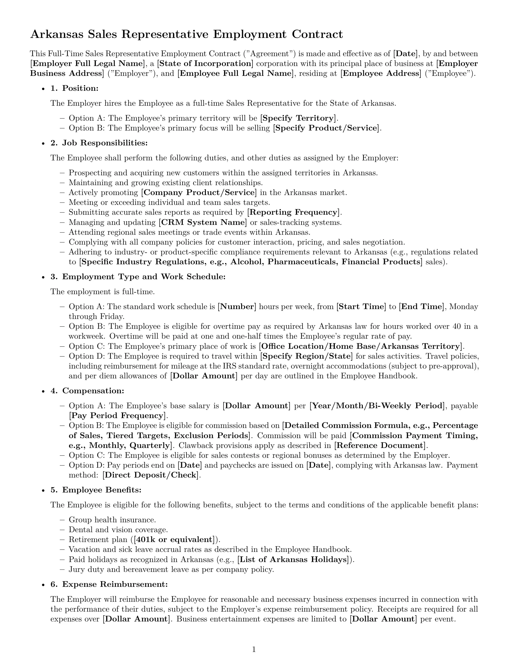 Preview page 1 of Free Arkansas sales representative employment contract template