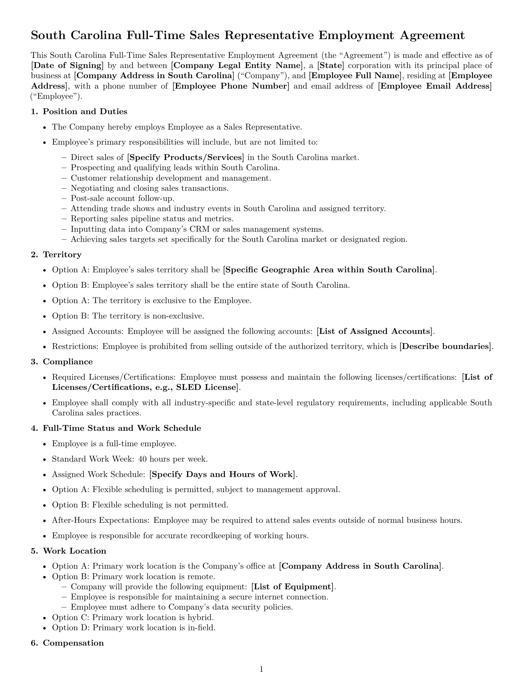Preview page 1 of Free South Carolina sales representative employment contract template