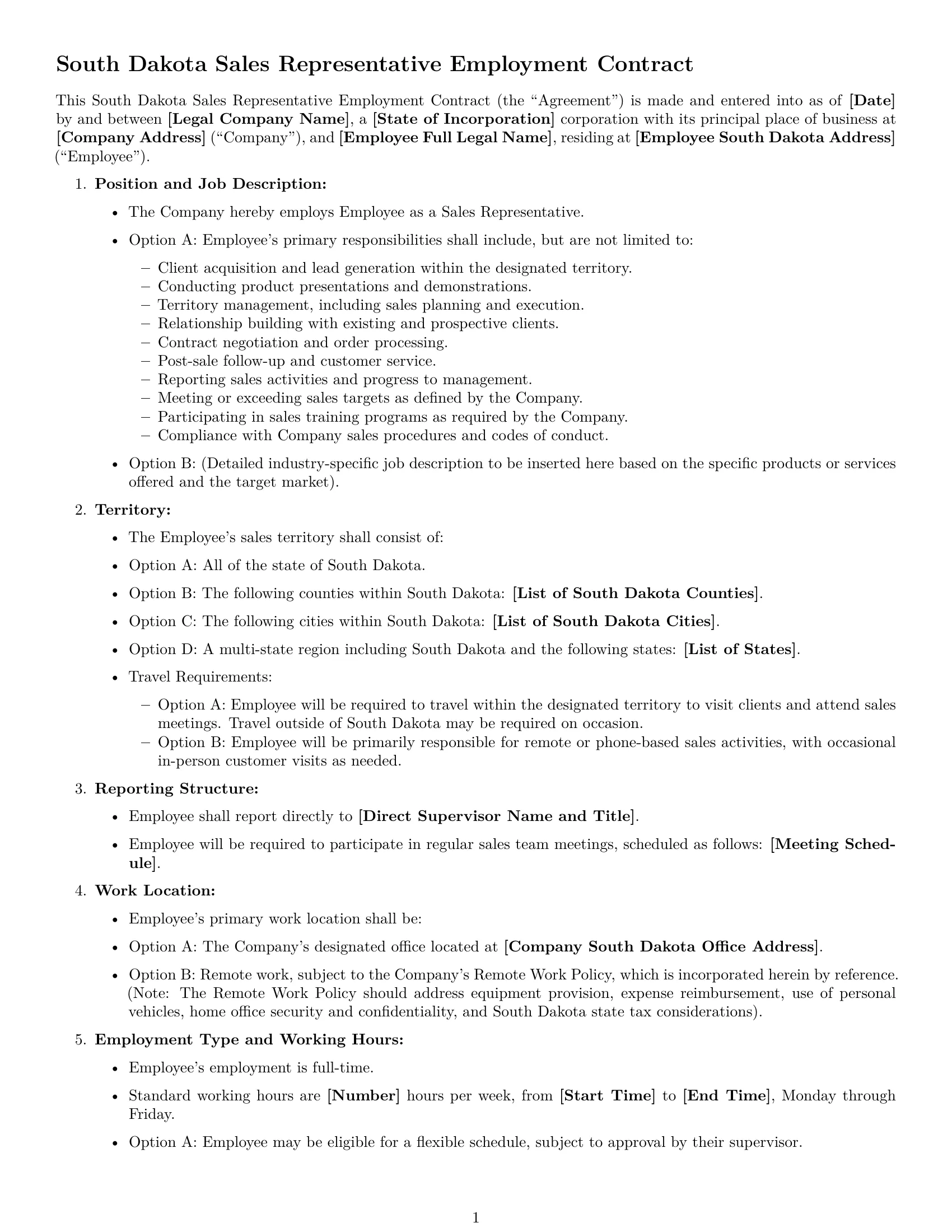 Preview page 1 of Free South Dakota sales representative employment contract template