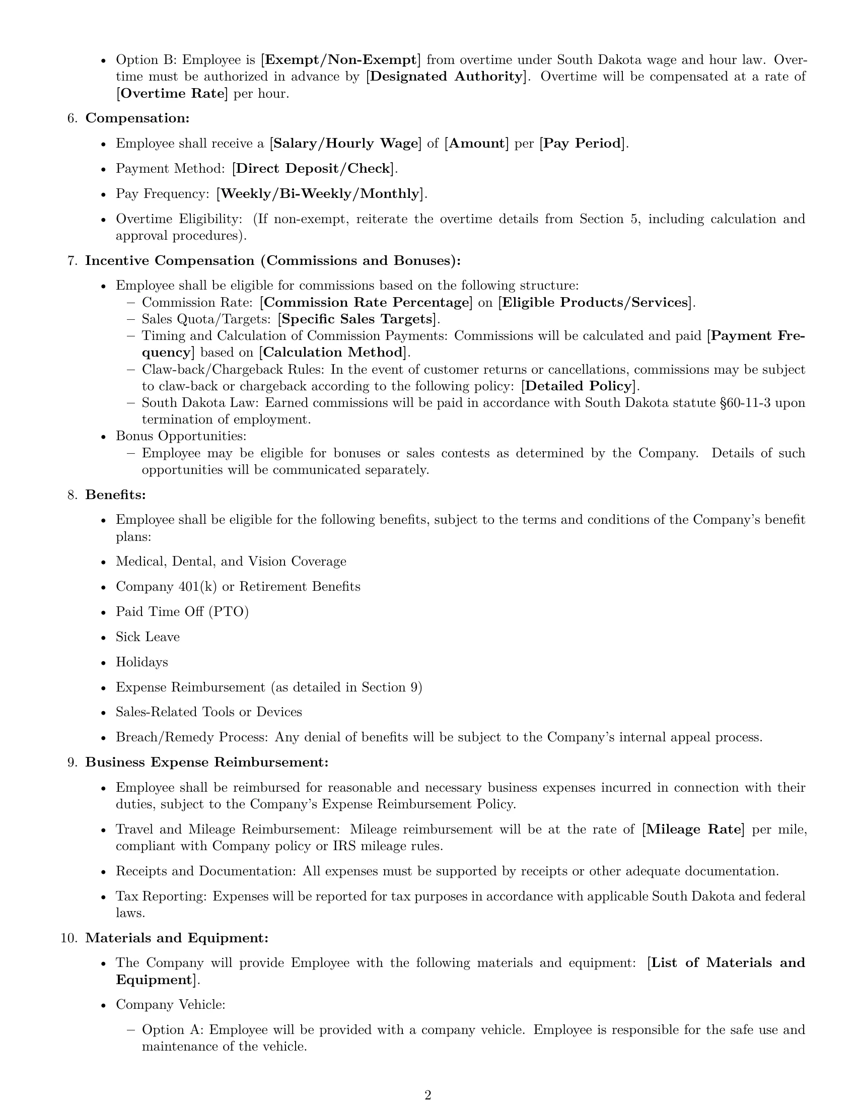 Preview page 2 of Free South Dakota sales representative employment contract template