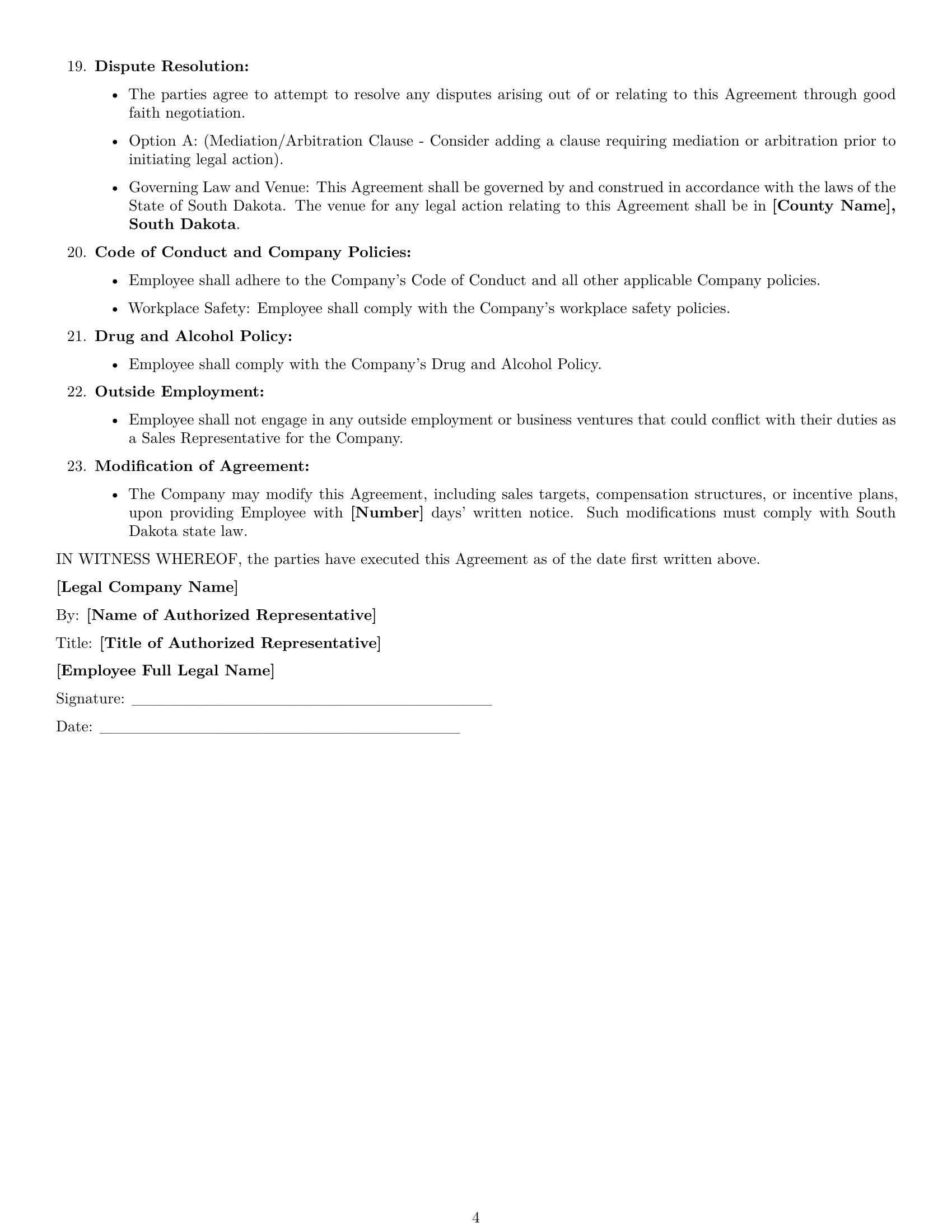 Preview page 4 of Free South Dakota sales representative employment contract template