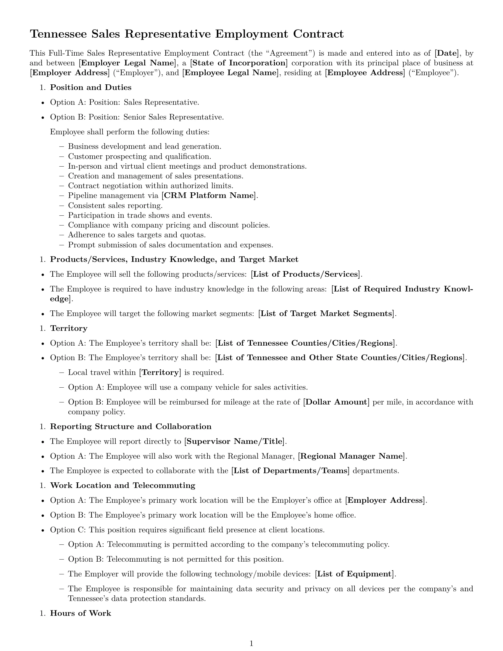 Preview page 1 of Free Tennessee sales representative employment contract template