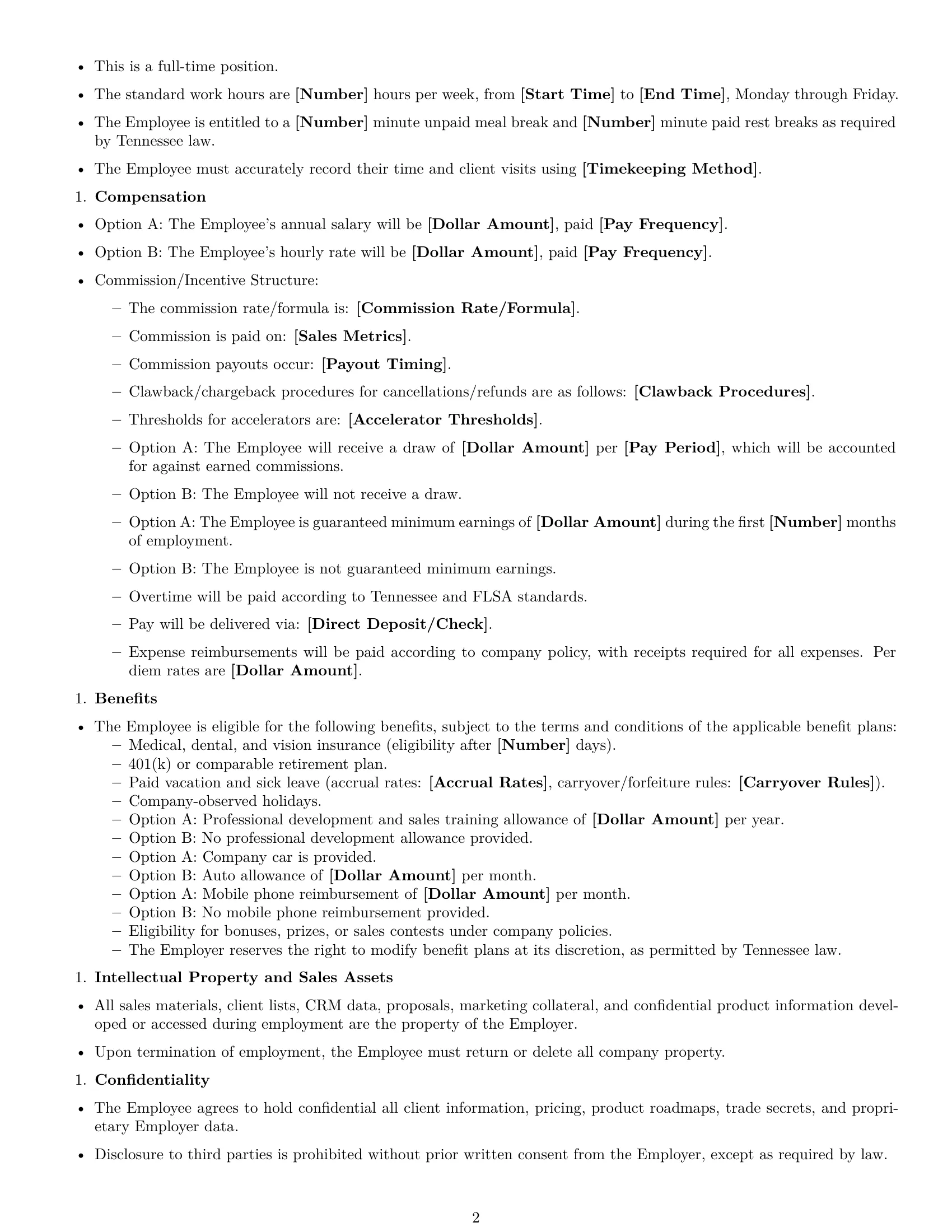 Preview page 2 of Free Tennessee sales representative employment contract template
