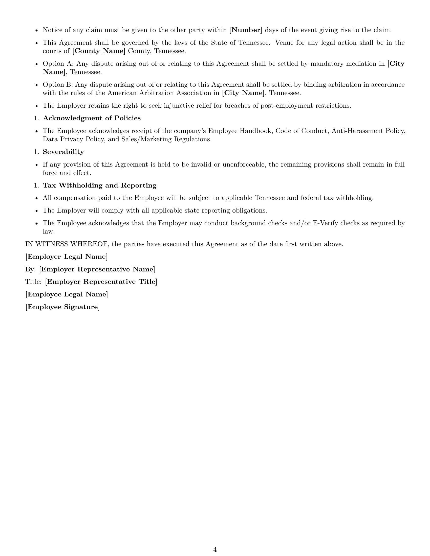 Preview page 4 of Free Tennessee sales representative employment contract template