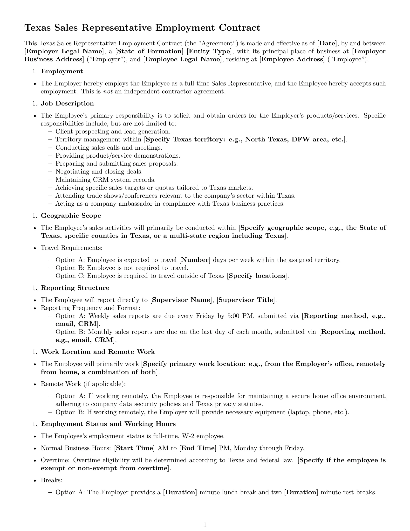 Preview page 1 of Free Texas sales representative employment contract template