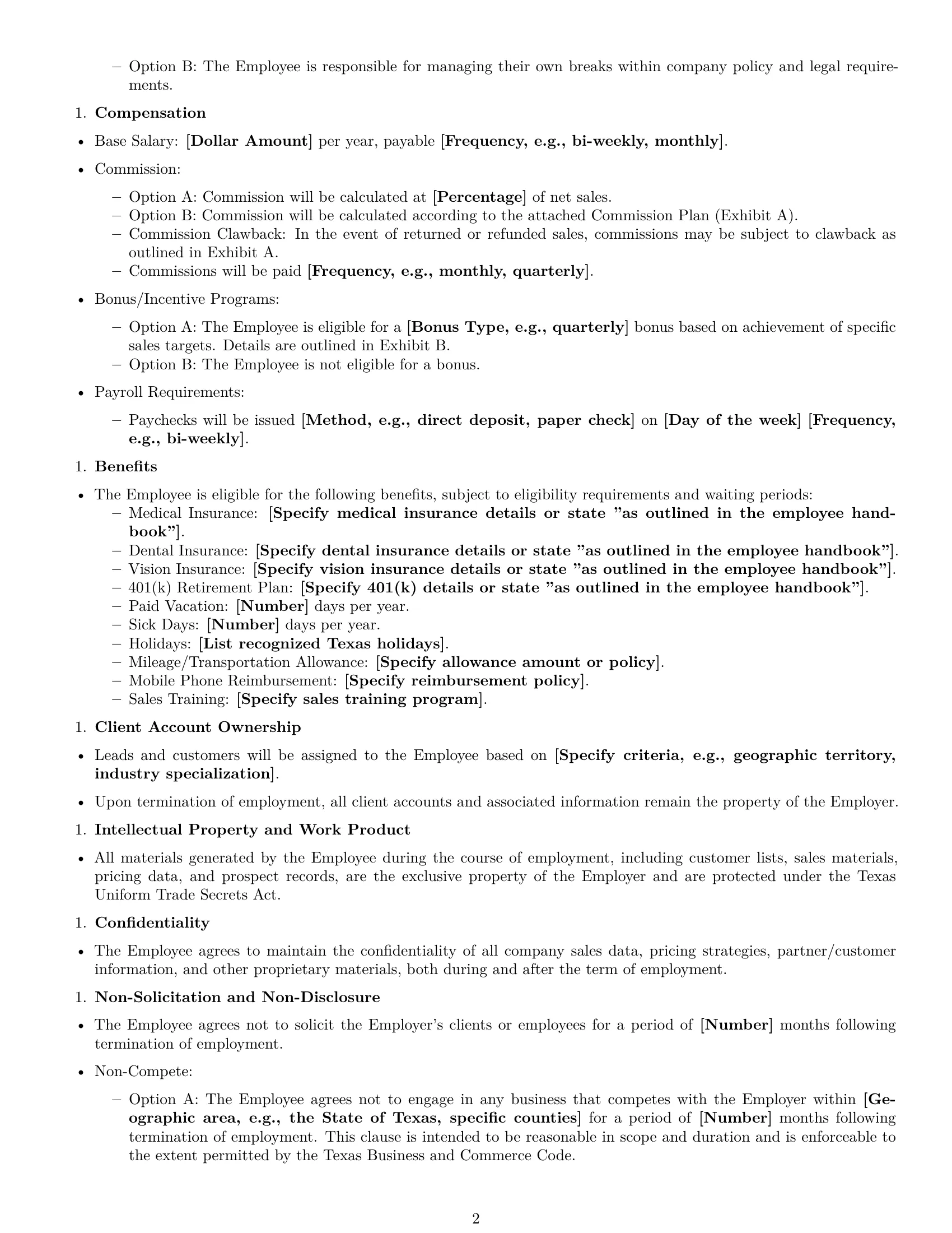 Preview page 2 of Free Texas sales representative employment contract template