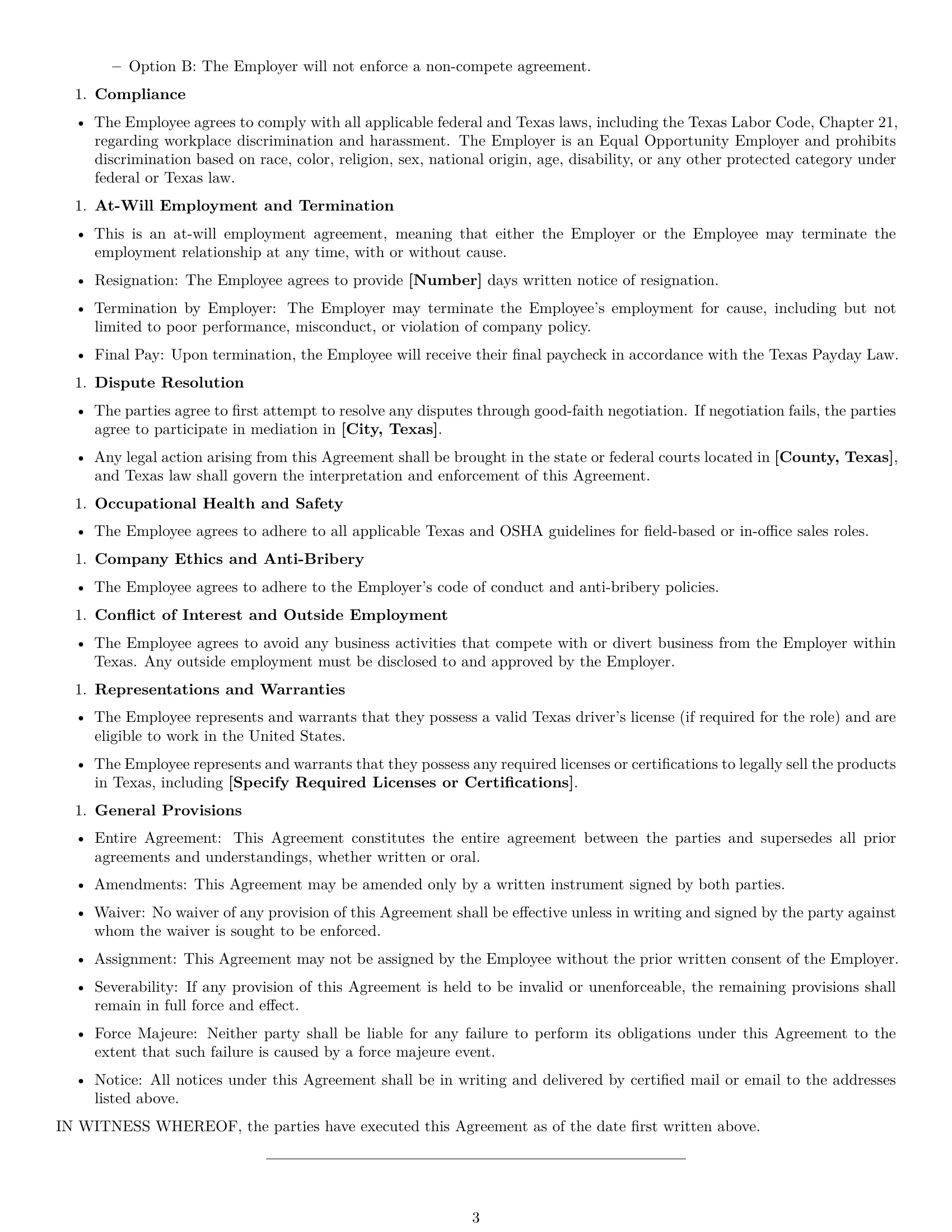 Preview page 3 of Free Texas sales representative employment contract template