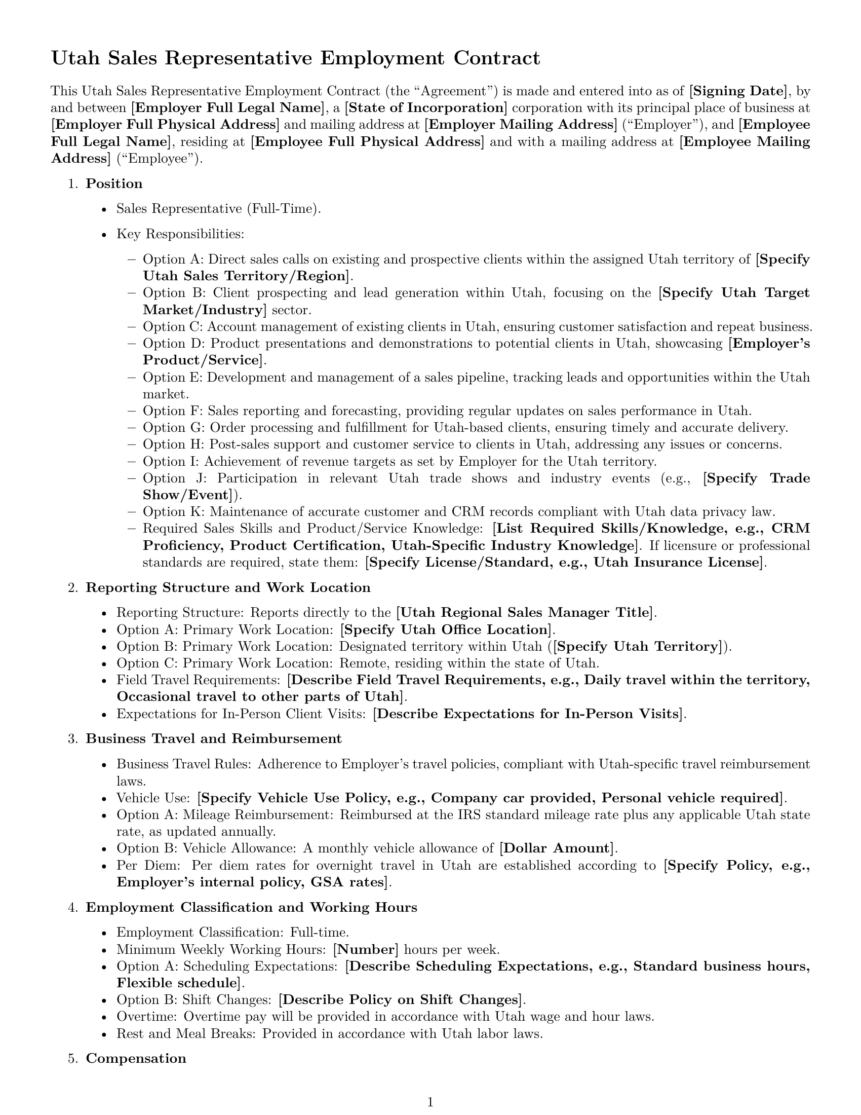 Preview page 1 of Free Utah sales representative employment contract template
