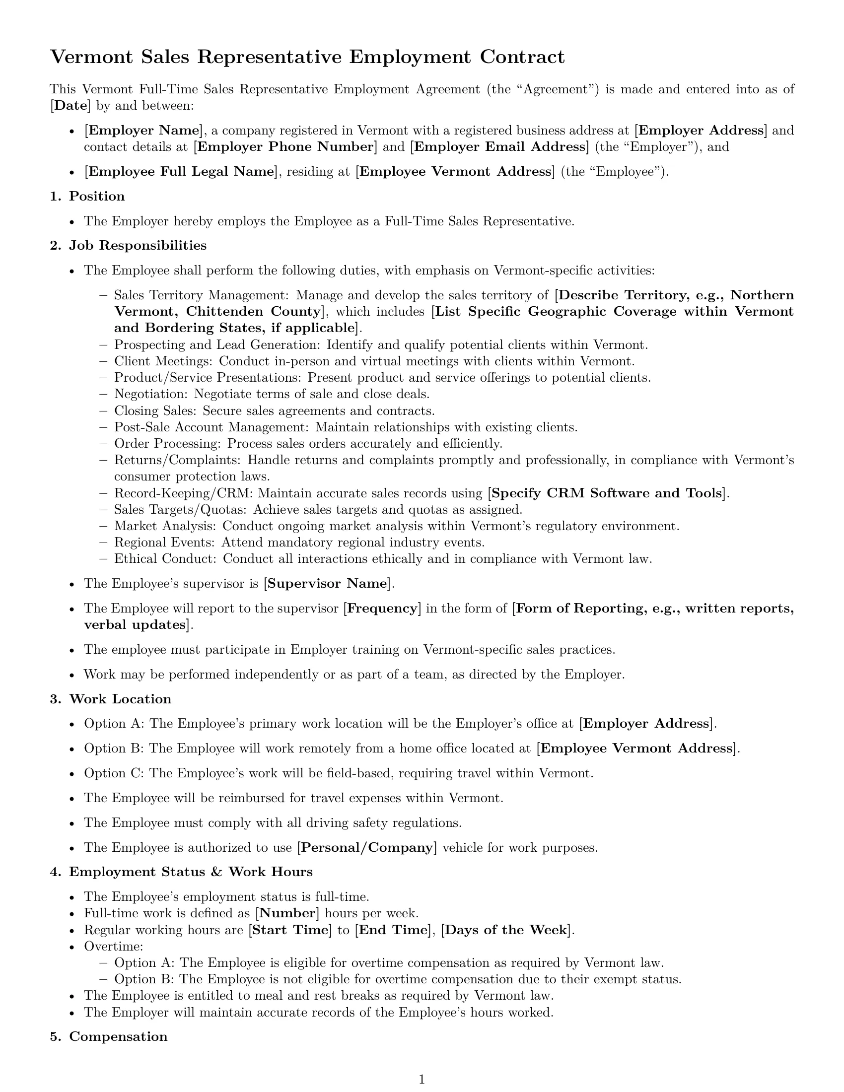 Preview page 1 of Free Vermont sales representative employment contract template