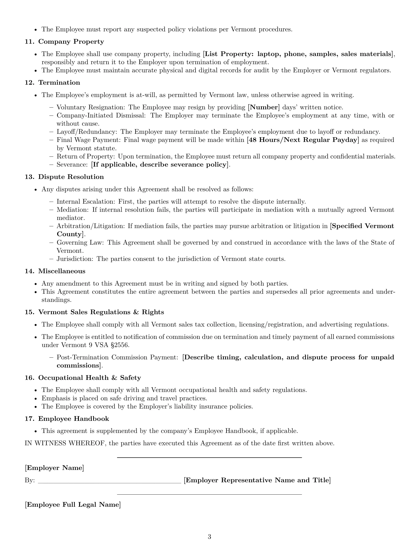 Preview page 3 of Free Vermont sales representative employment contract template