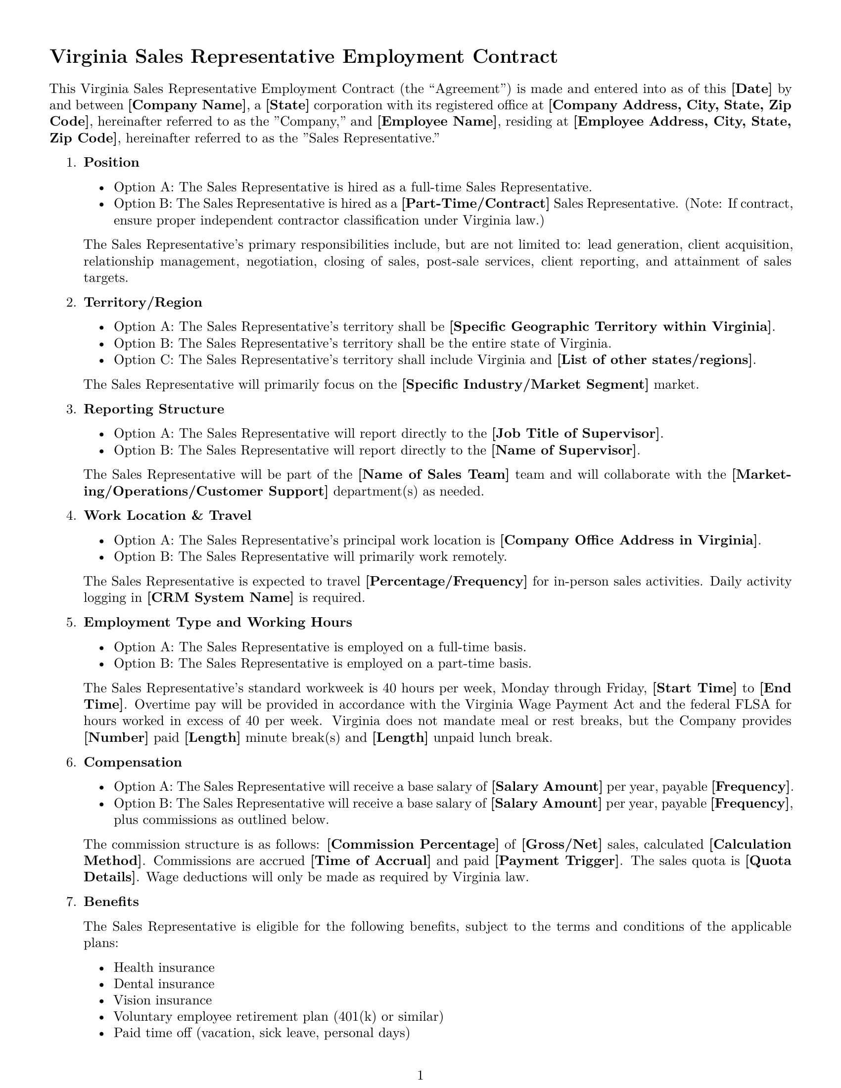 Preview page 1 of Free Virginia sales representative employment contract template