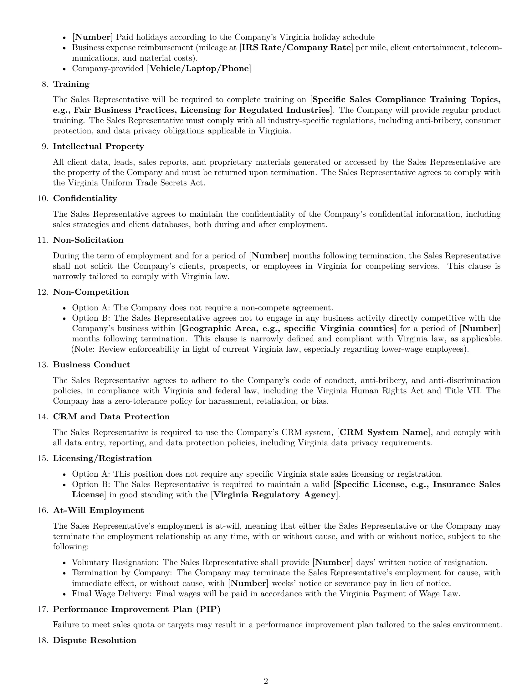 Preview page 2 of Free Virginia sales representative employment contract template