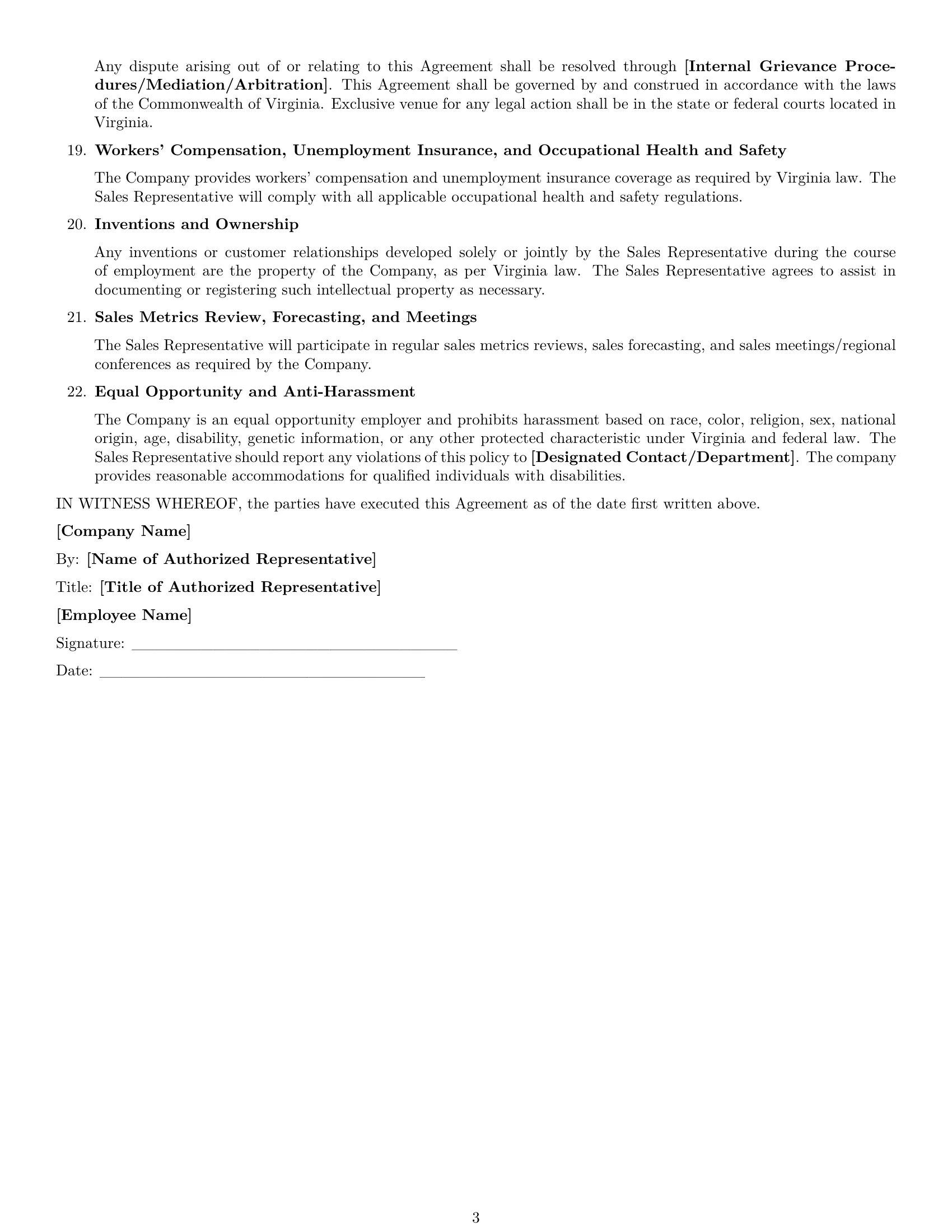 Preview page 3 of Free Virginia sales representative employment contract template