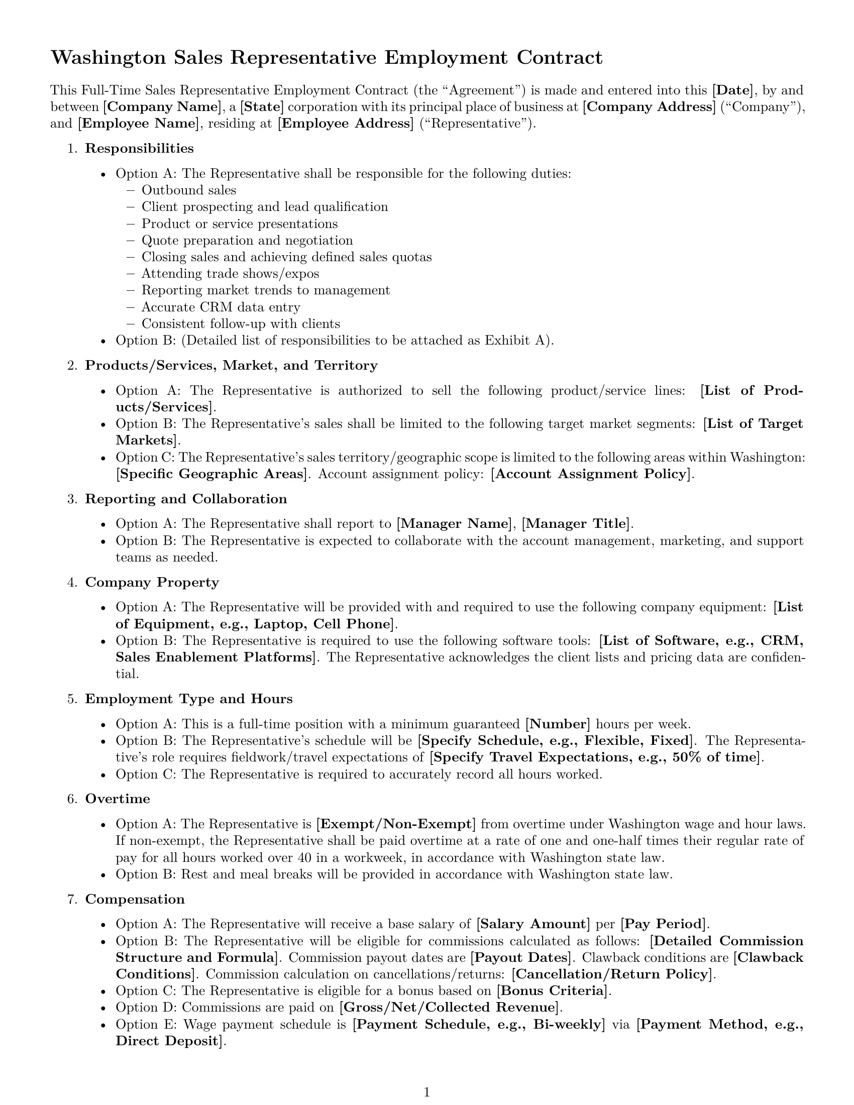 Preview page 1 of Free Washington sales representative employment contract template