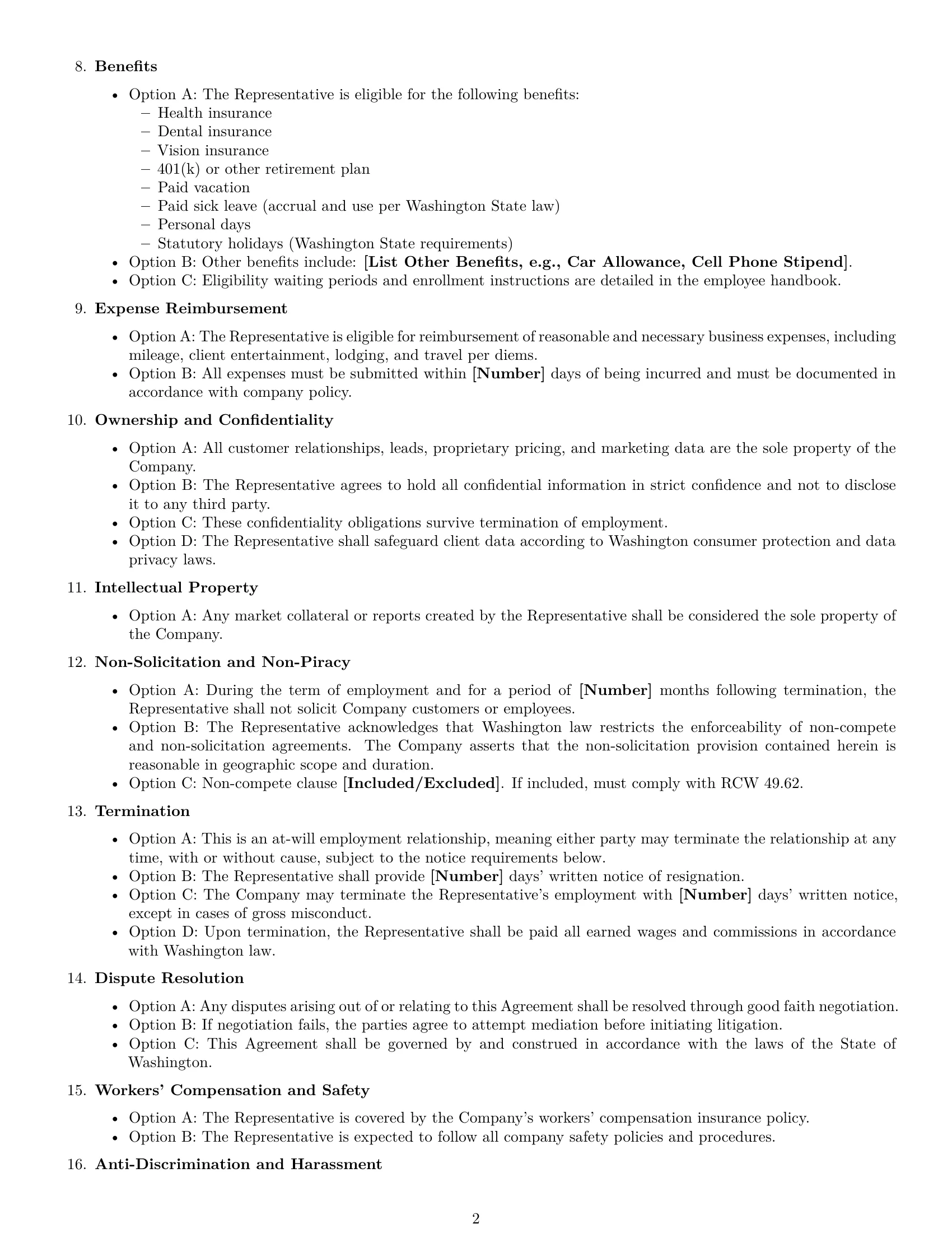 Preview page 2 of Free Washington sales representative employment contract template