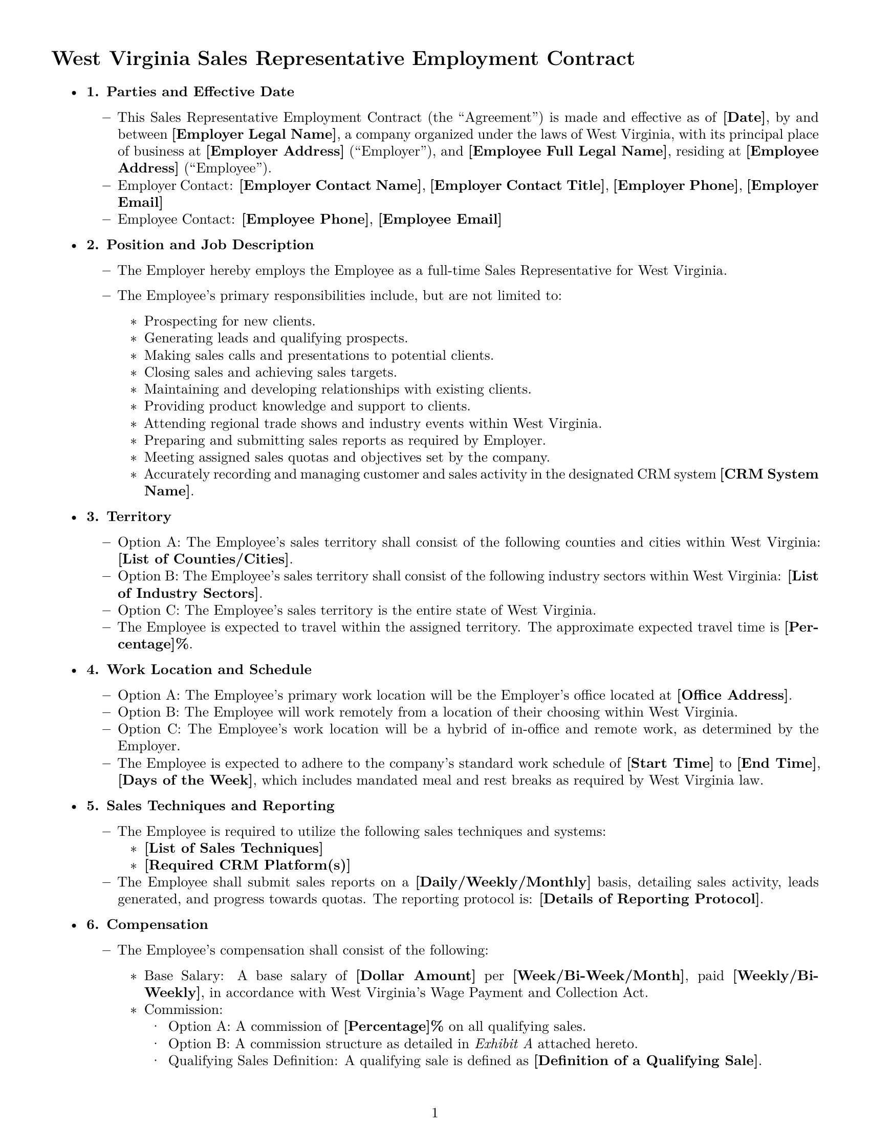 Preview page 1 of Free West Virginia sales representative employment contract template