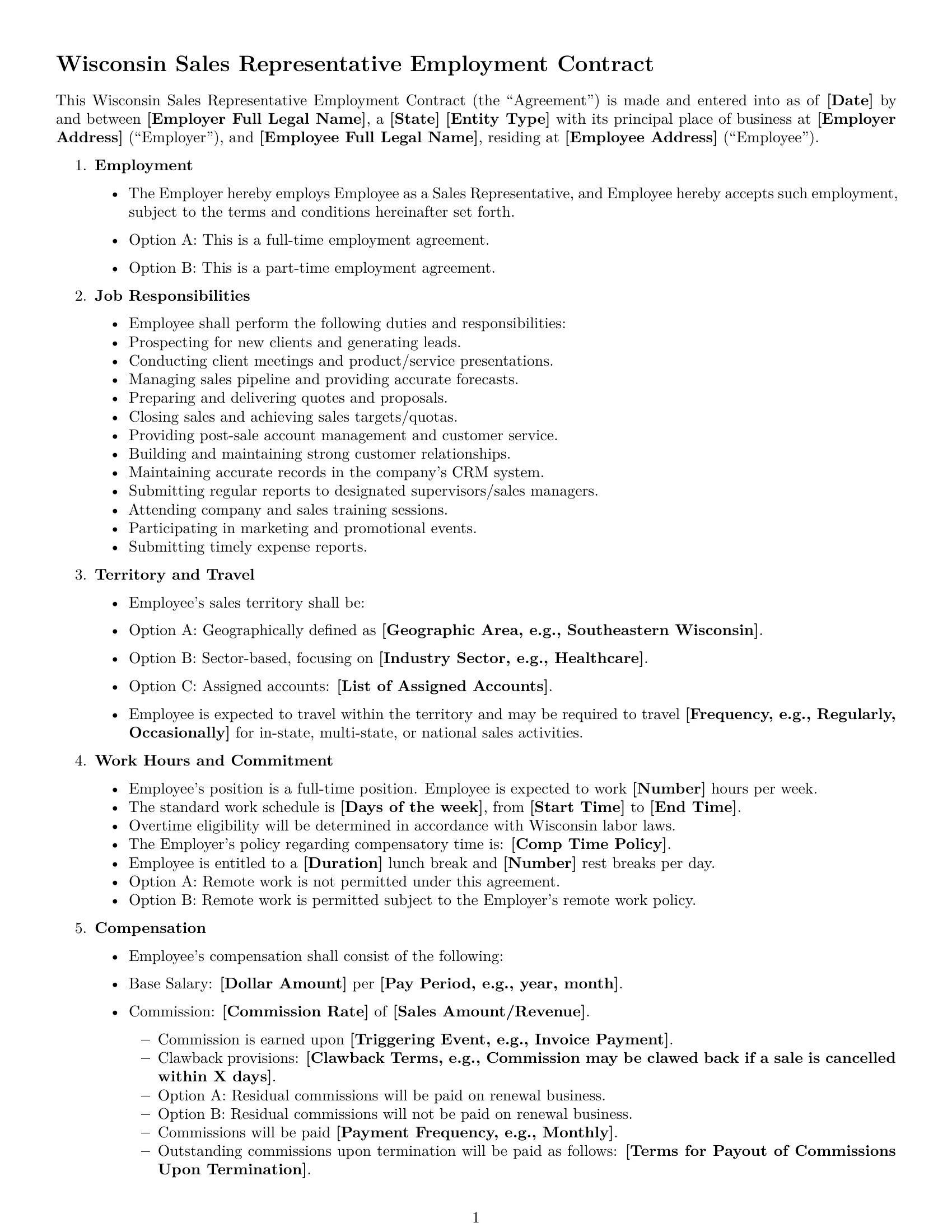 Preview page 1 of Free Wisconsin sales representative employment contract template