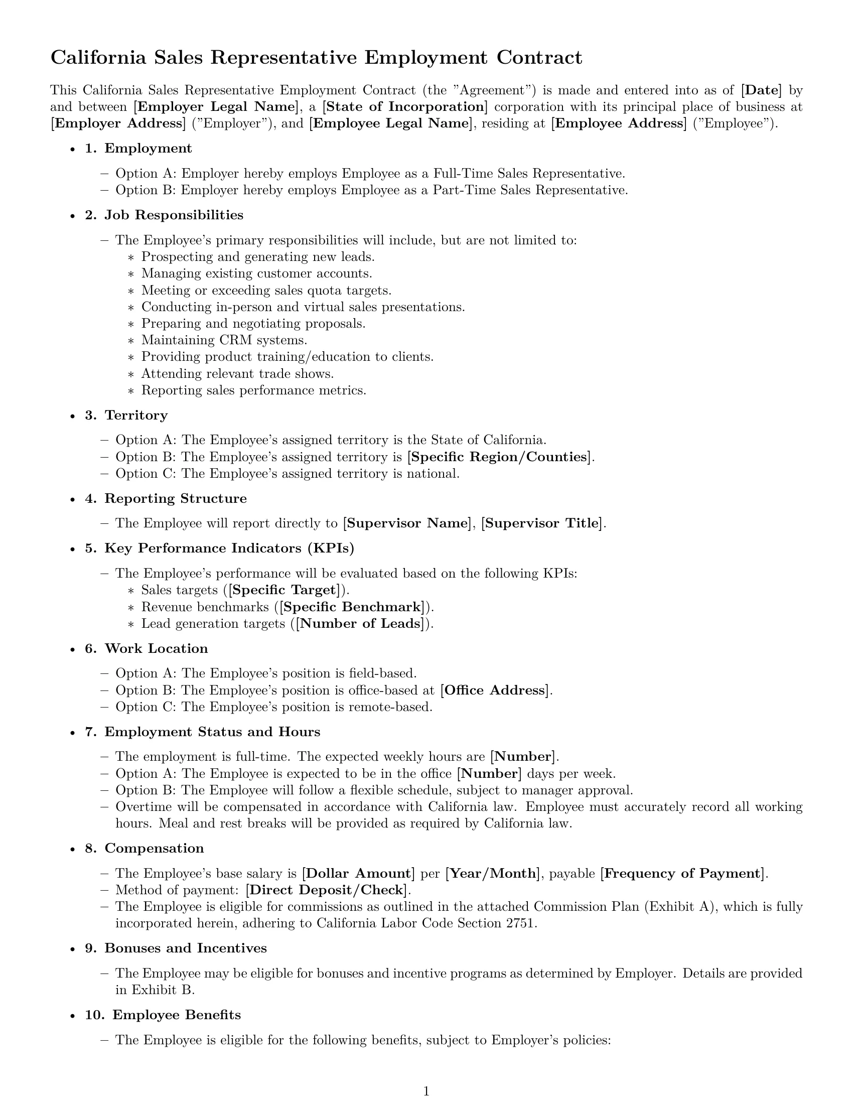 Preview page 1 of Free California sales representative employment contract template