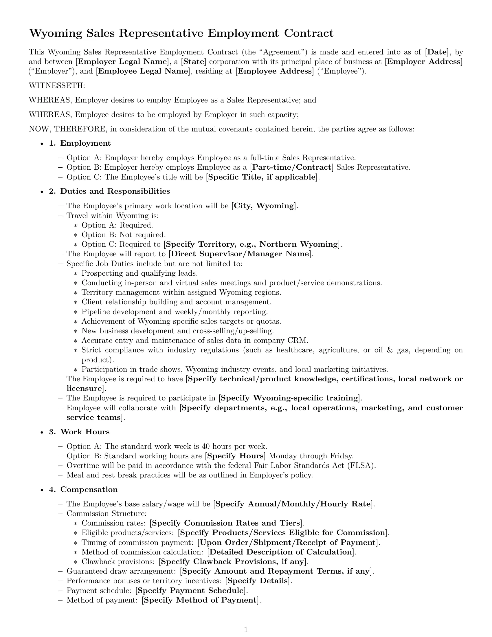 Preview page 1 of Free Wyoming sales representative employment contract template