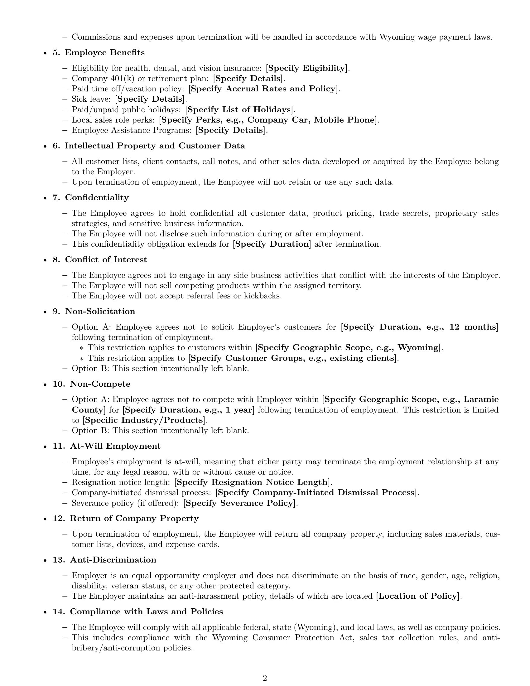 Preview page 2 of Free Wyoming sales representative employment contract template