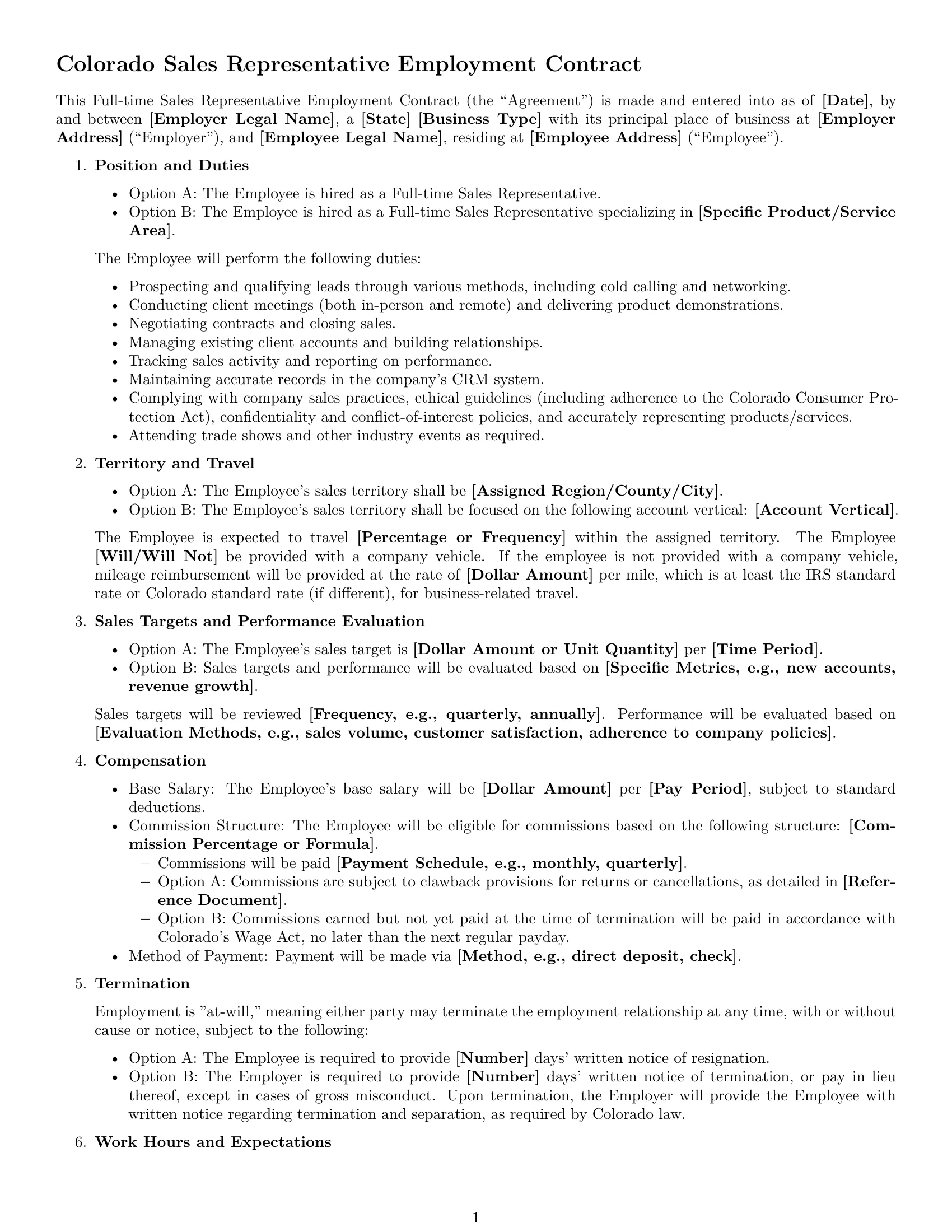 Preview page 1 of Free Colorado sales representative employment contract template