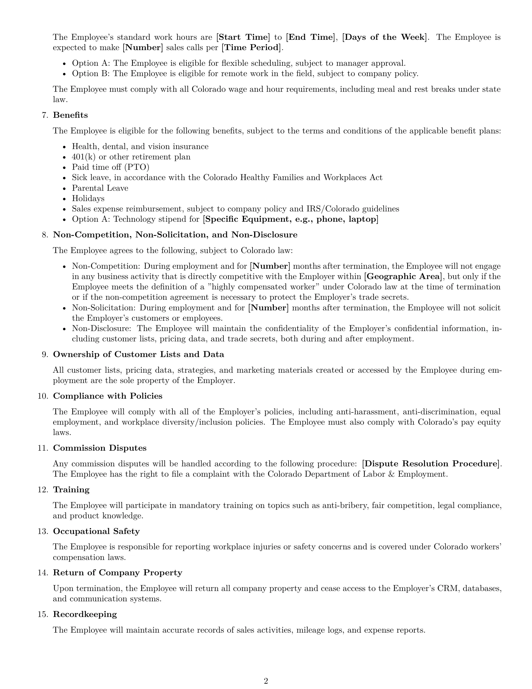 Preview page 2 of Free Colorado sales representative employment contract template