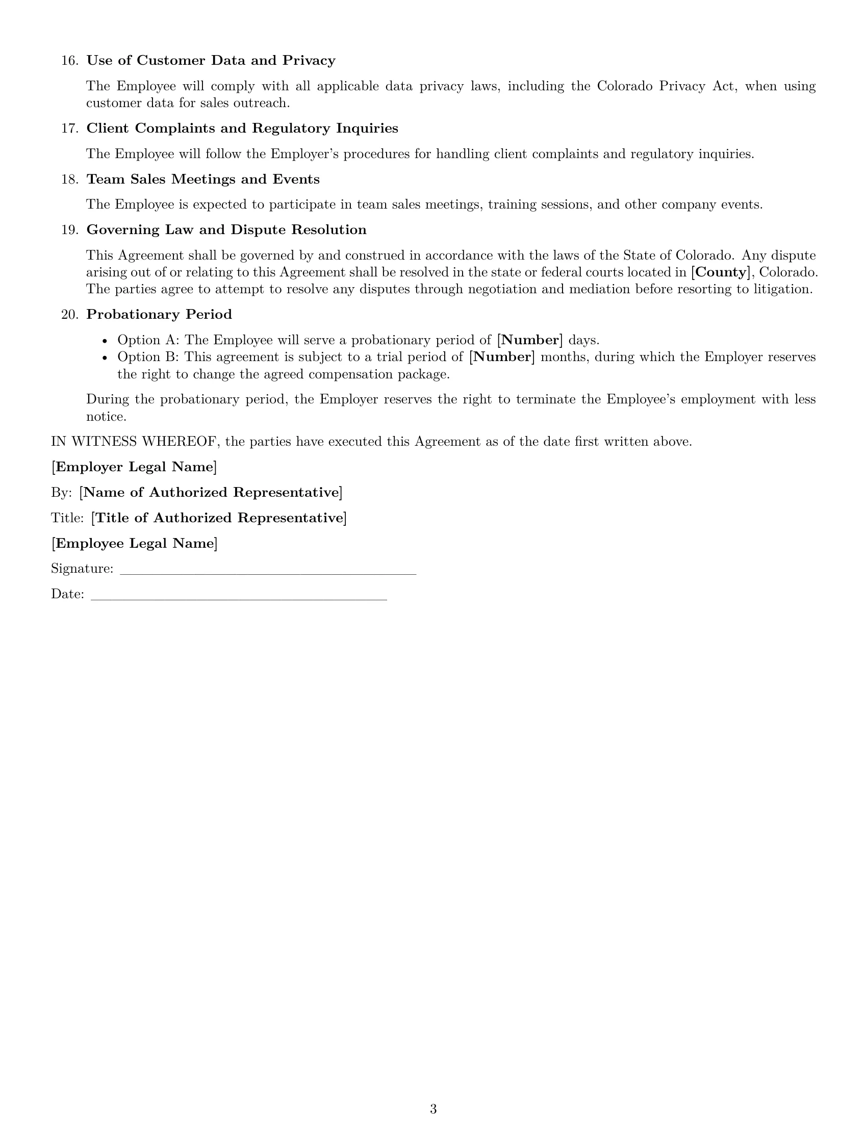 Preview page 3 of Free Colorado sales representative employment contract template