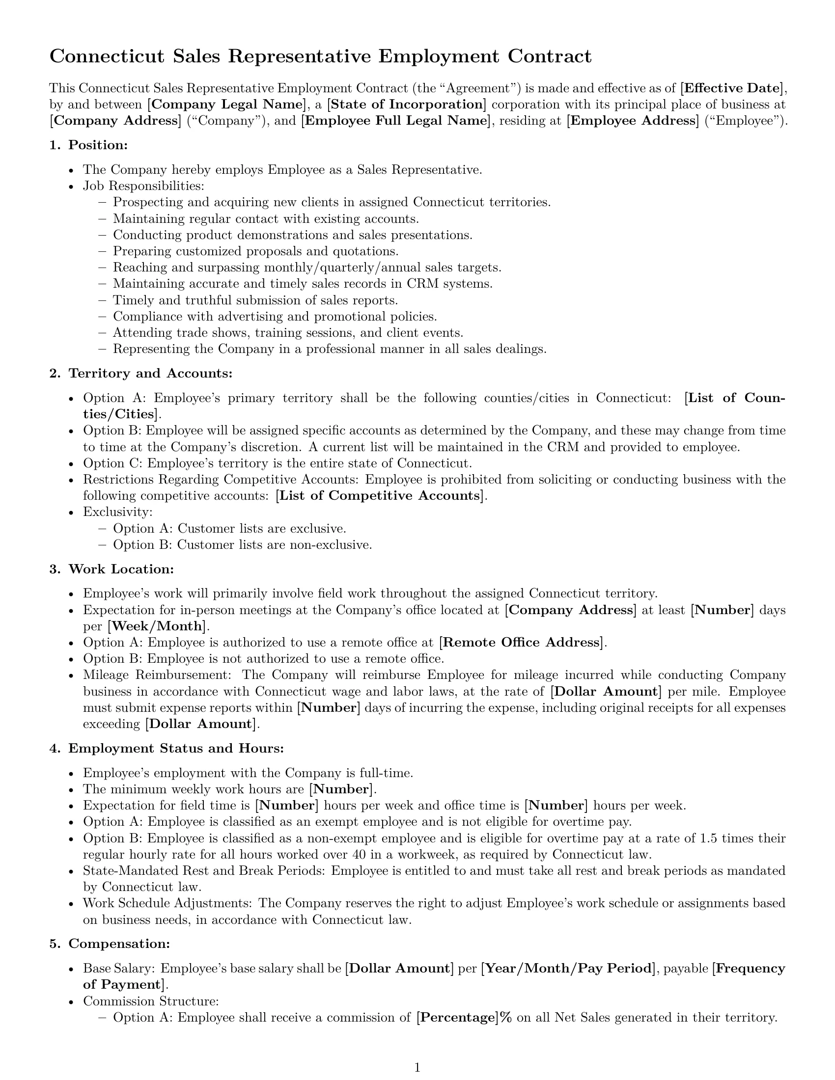 Preview page 1 of Free Connecticut sales representative employment contract template