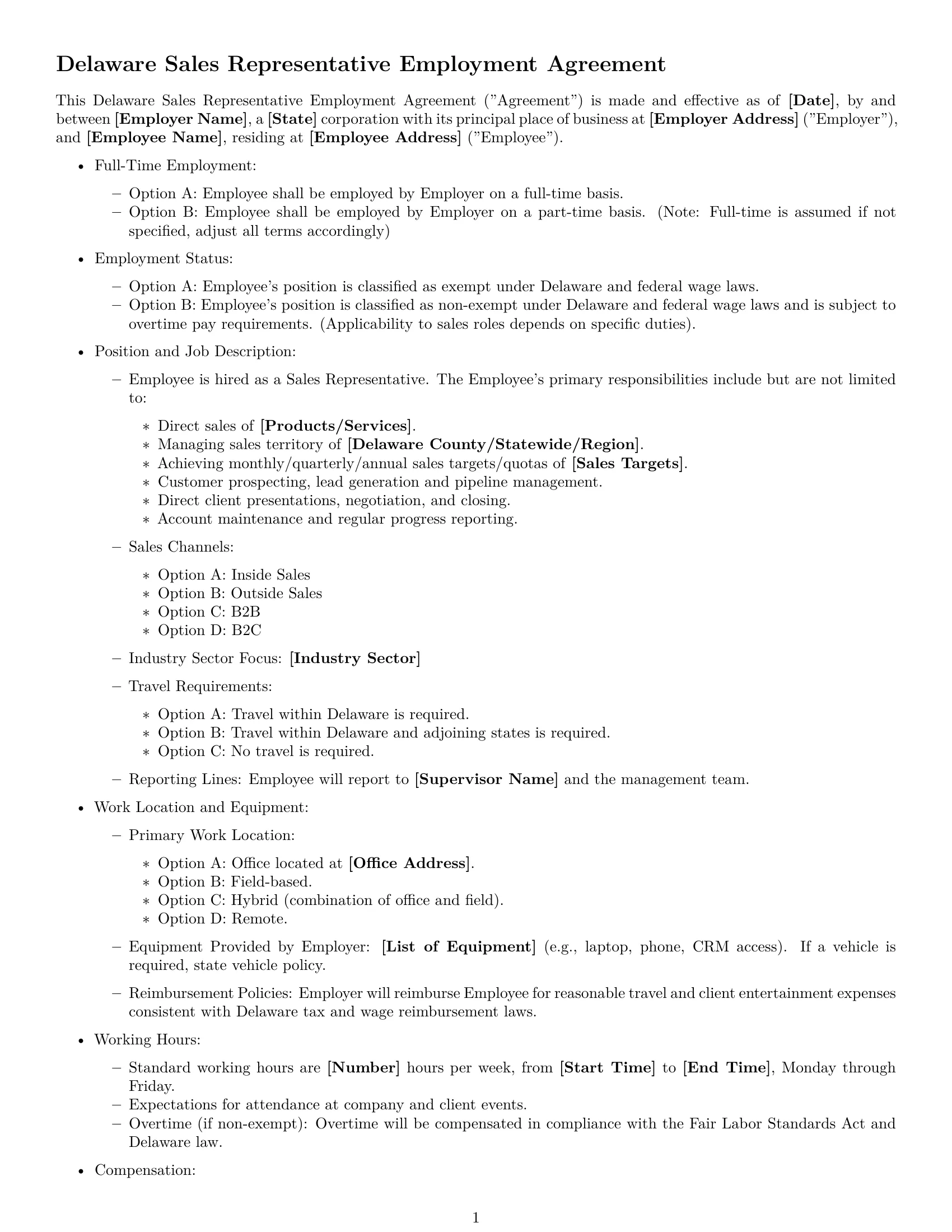 Preview page 1 of Free Delaware sales representative employment contract template
