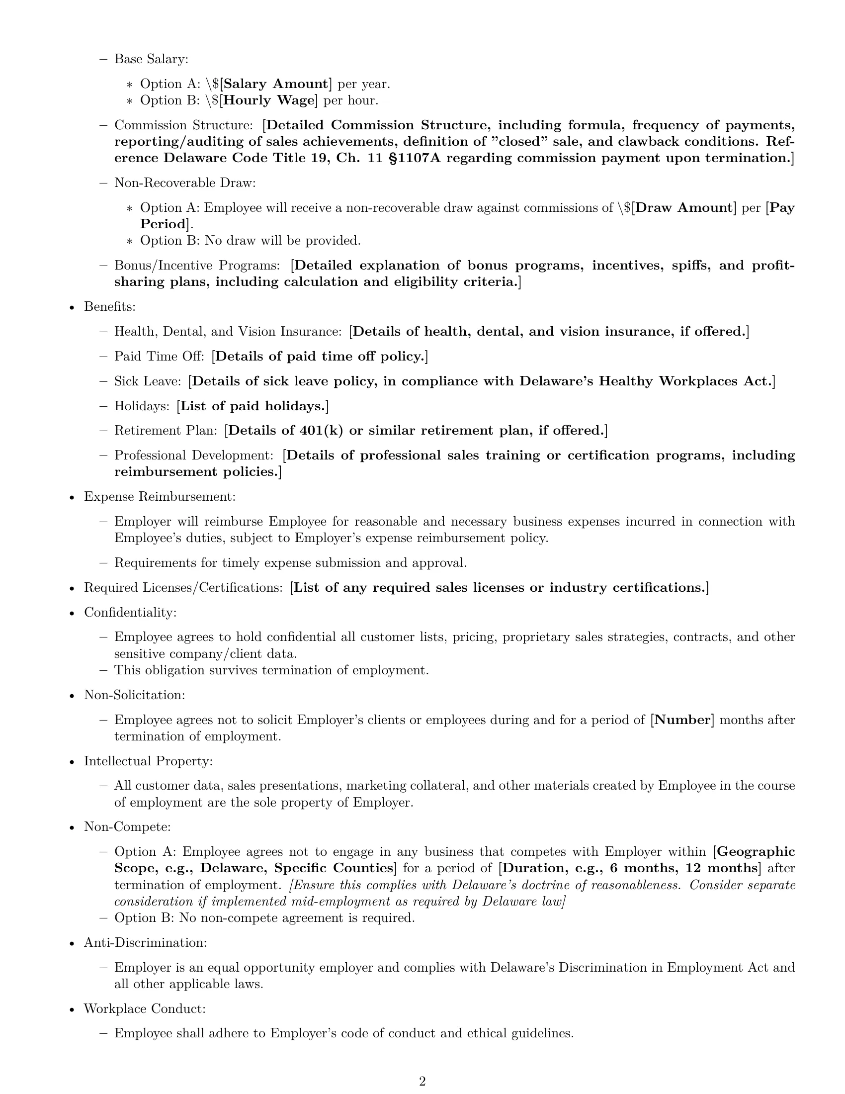 Preview page 2 of Free Delaware sales representative employment contract template