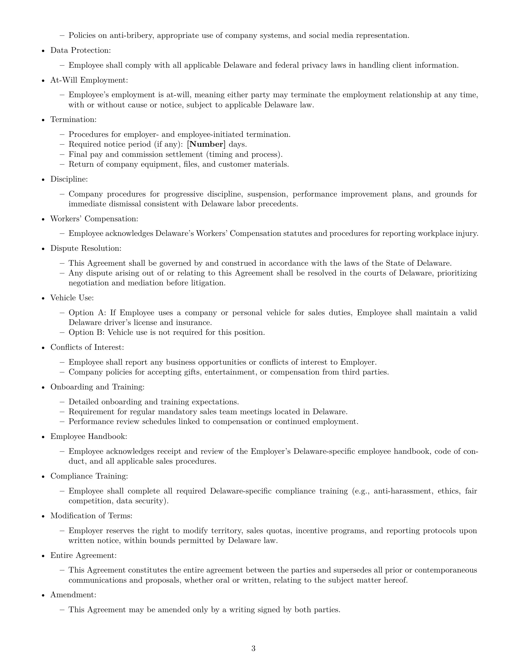 Preview page 3 of Free Delaware sales representative employment contract template
