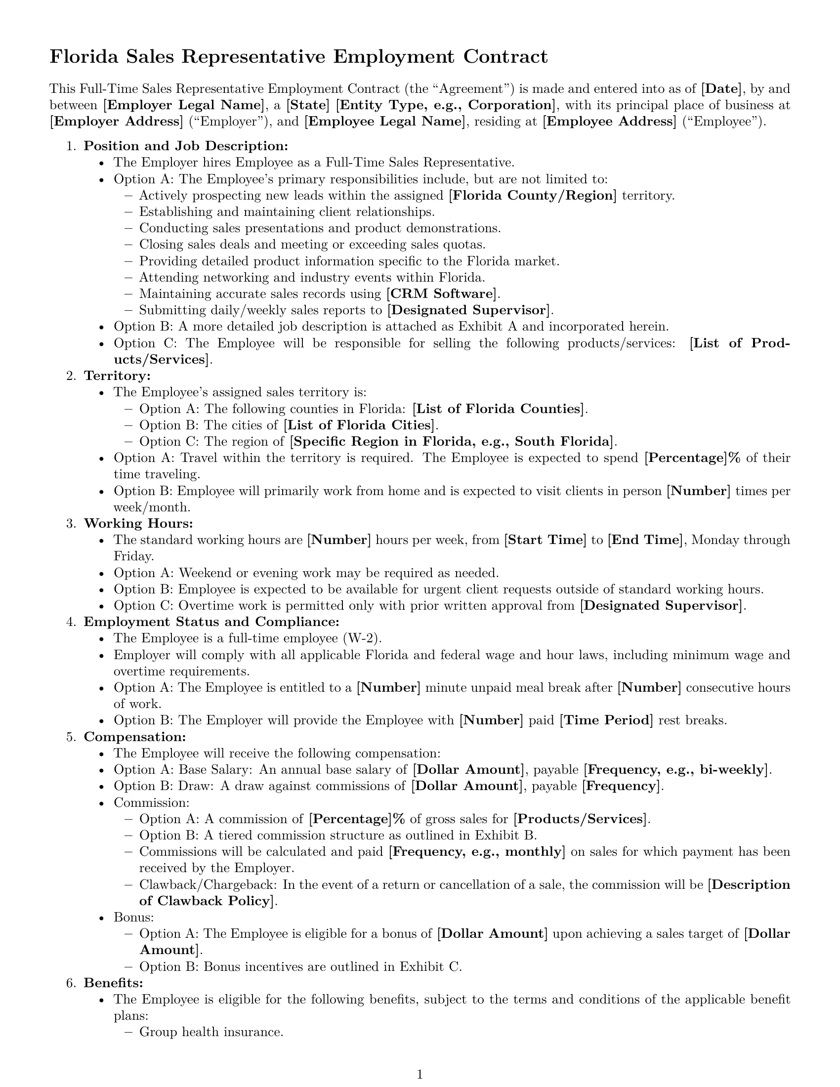 Preview page 1 of Free Florida sales representative employment contract template