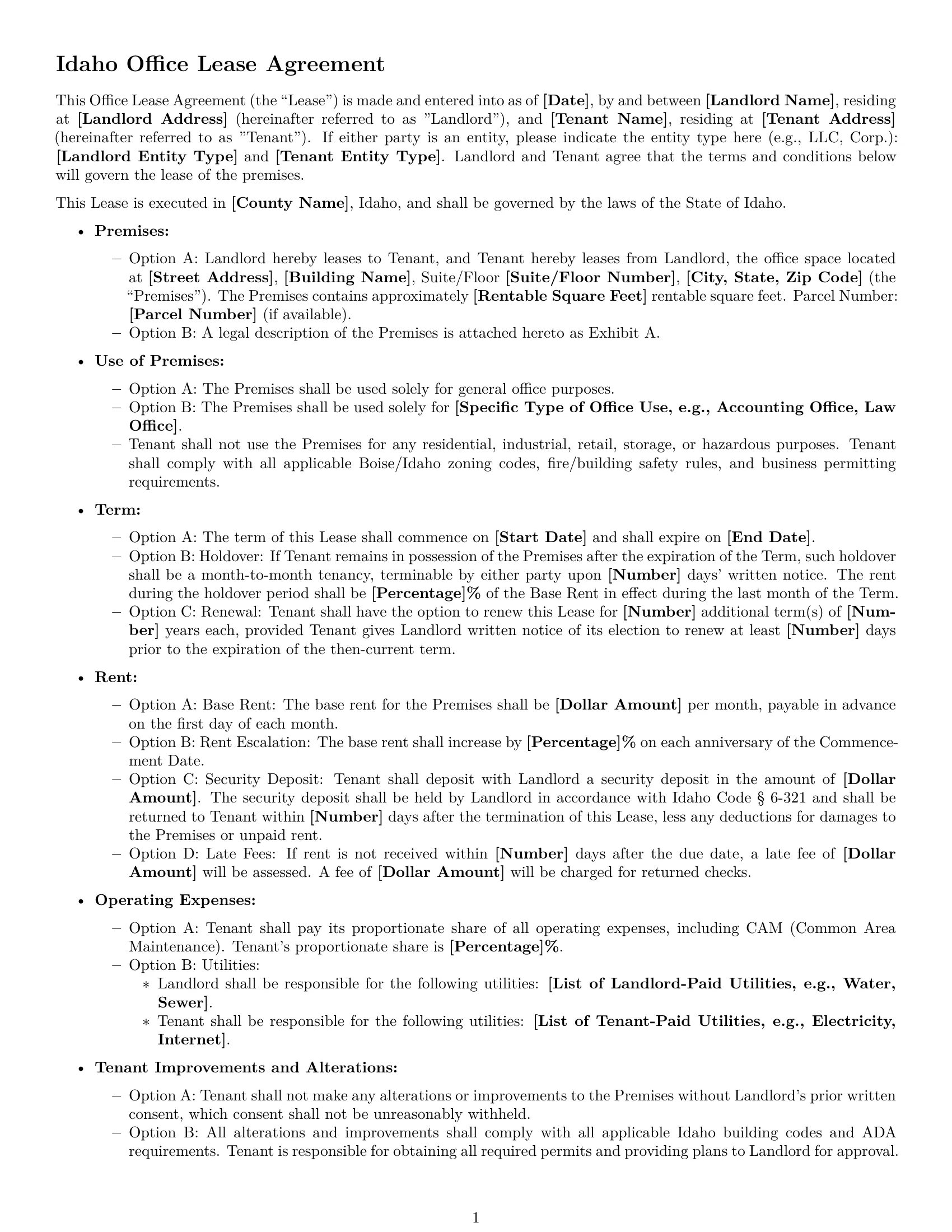 Preview page 1 of Free Idaho office lease agreement template