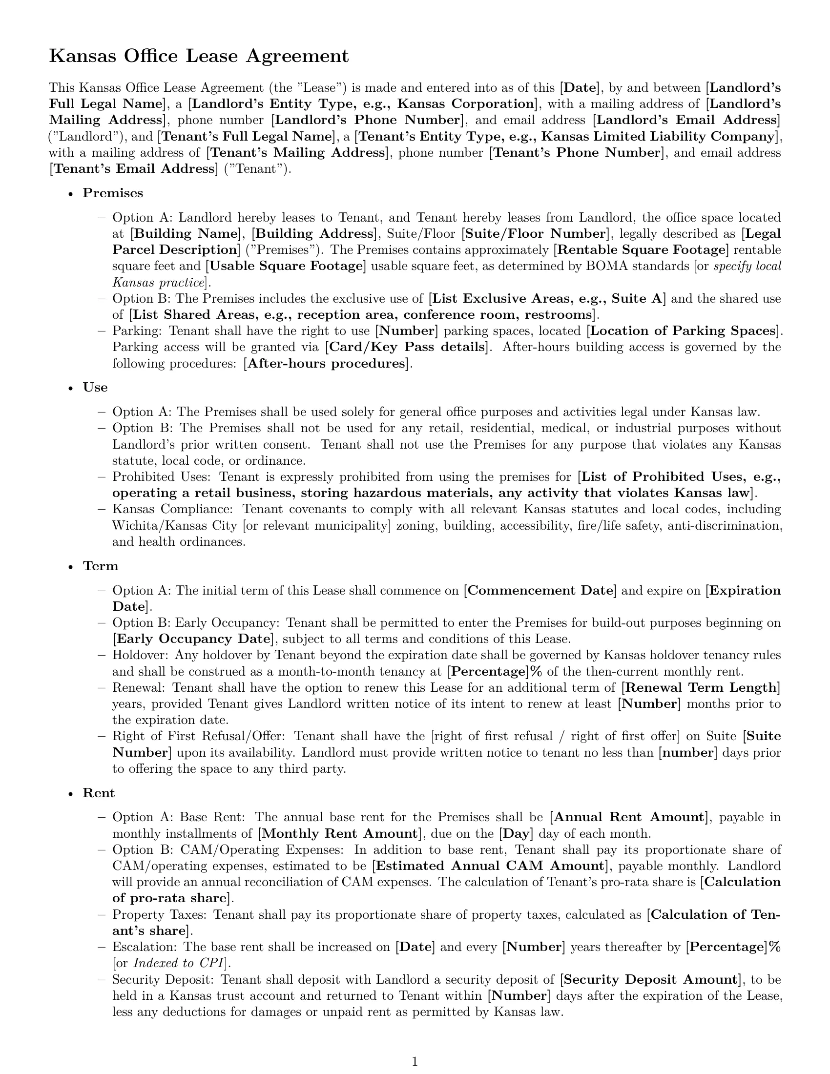 Preview page 1 of Free Kansas office lease agreement template