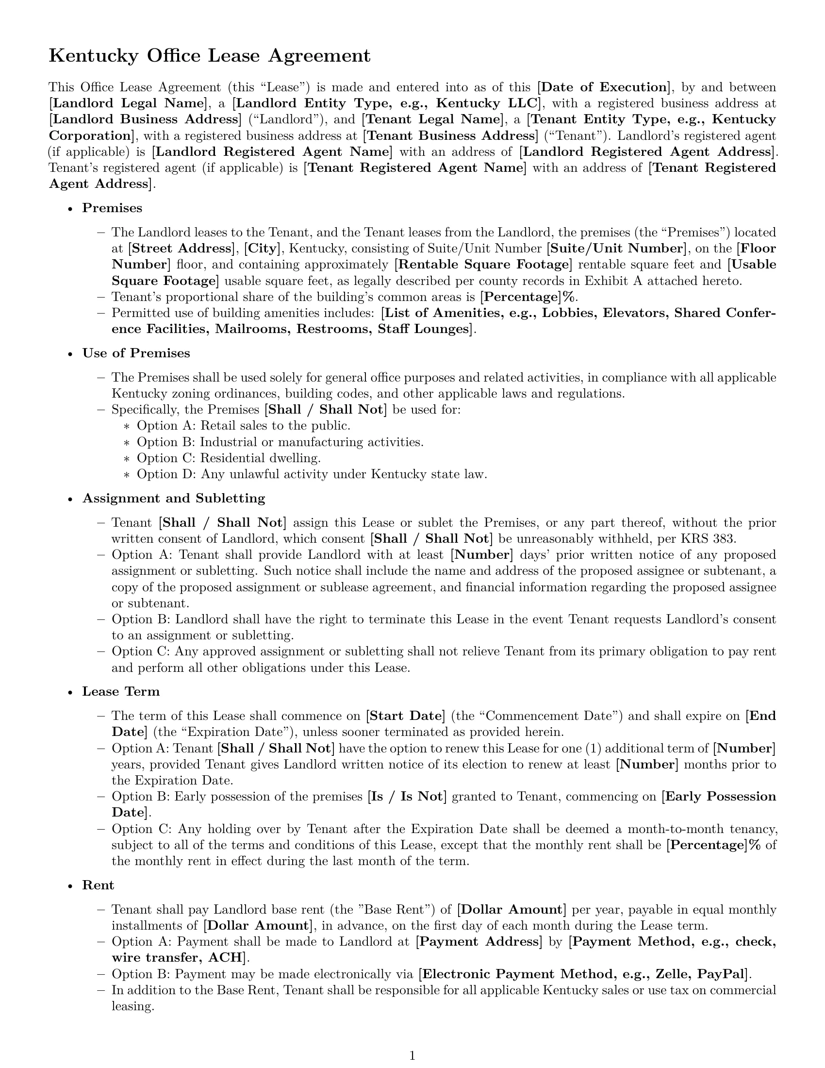 Preview page 1 of Free Kentucky office lease agreement template