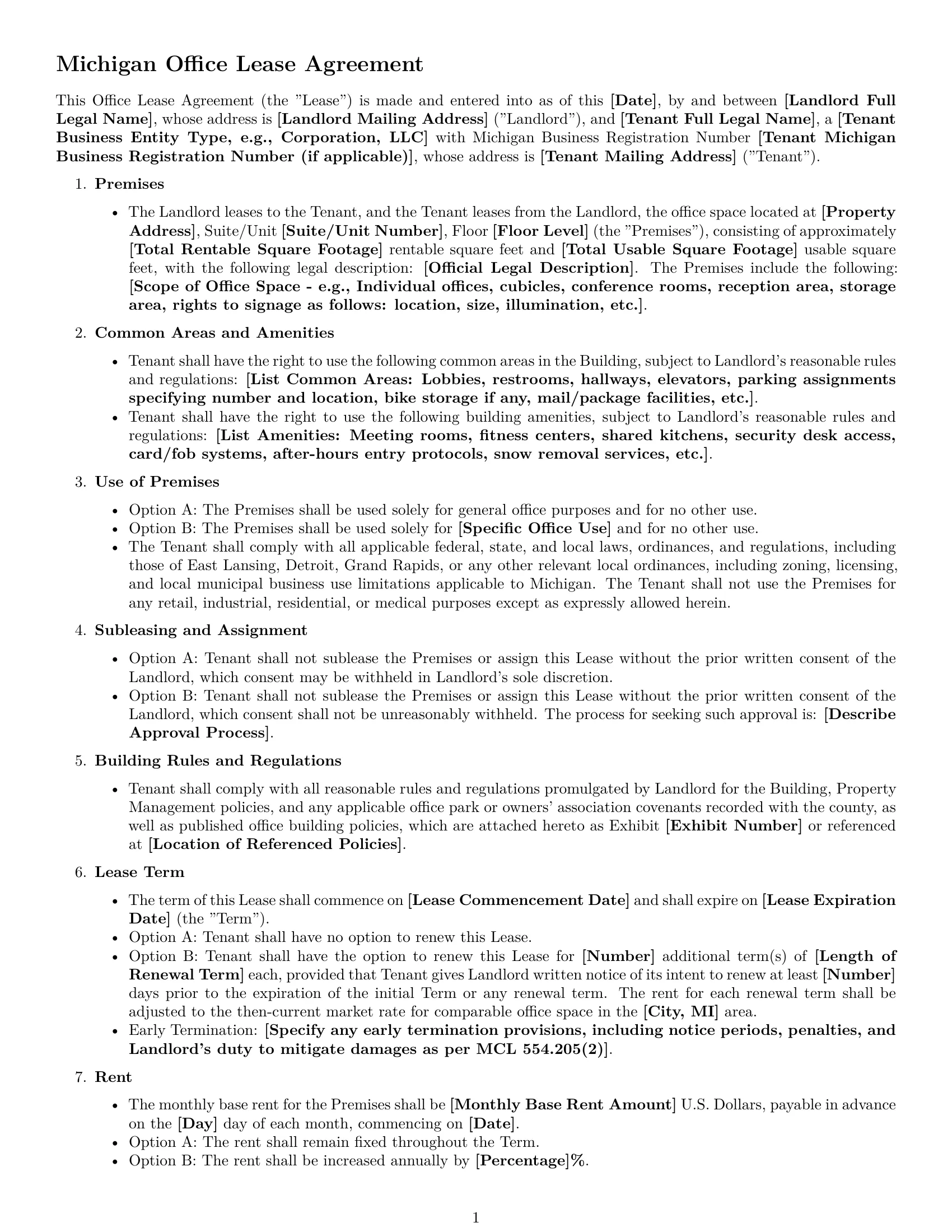 Preview page 1 of Free Michigan office lease agreement template