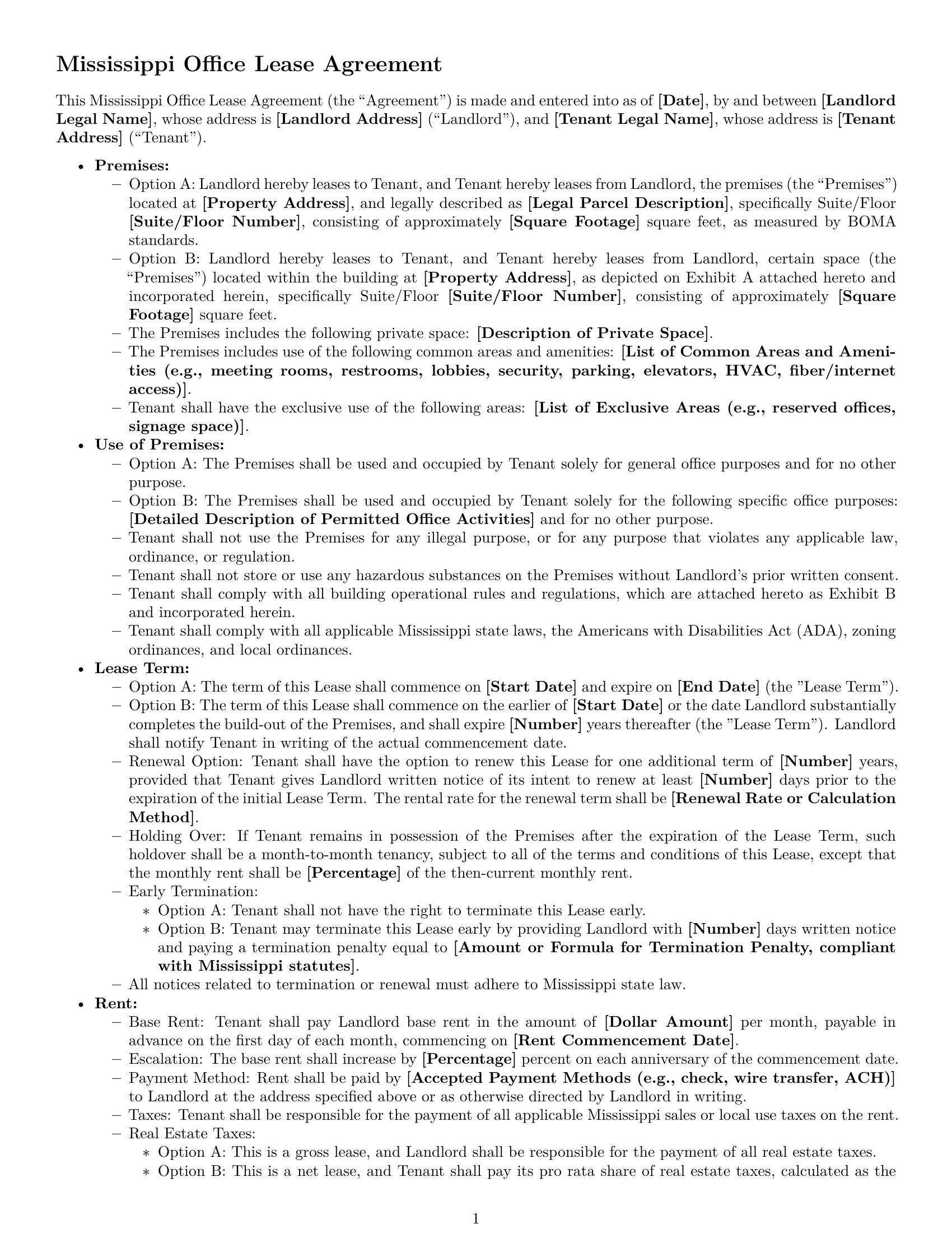 Preview page 1 of Free Mississippi office lease agreement template