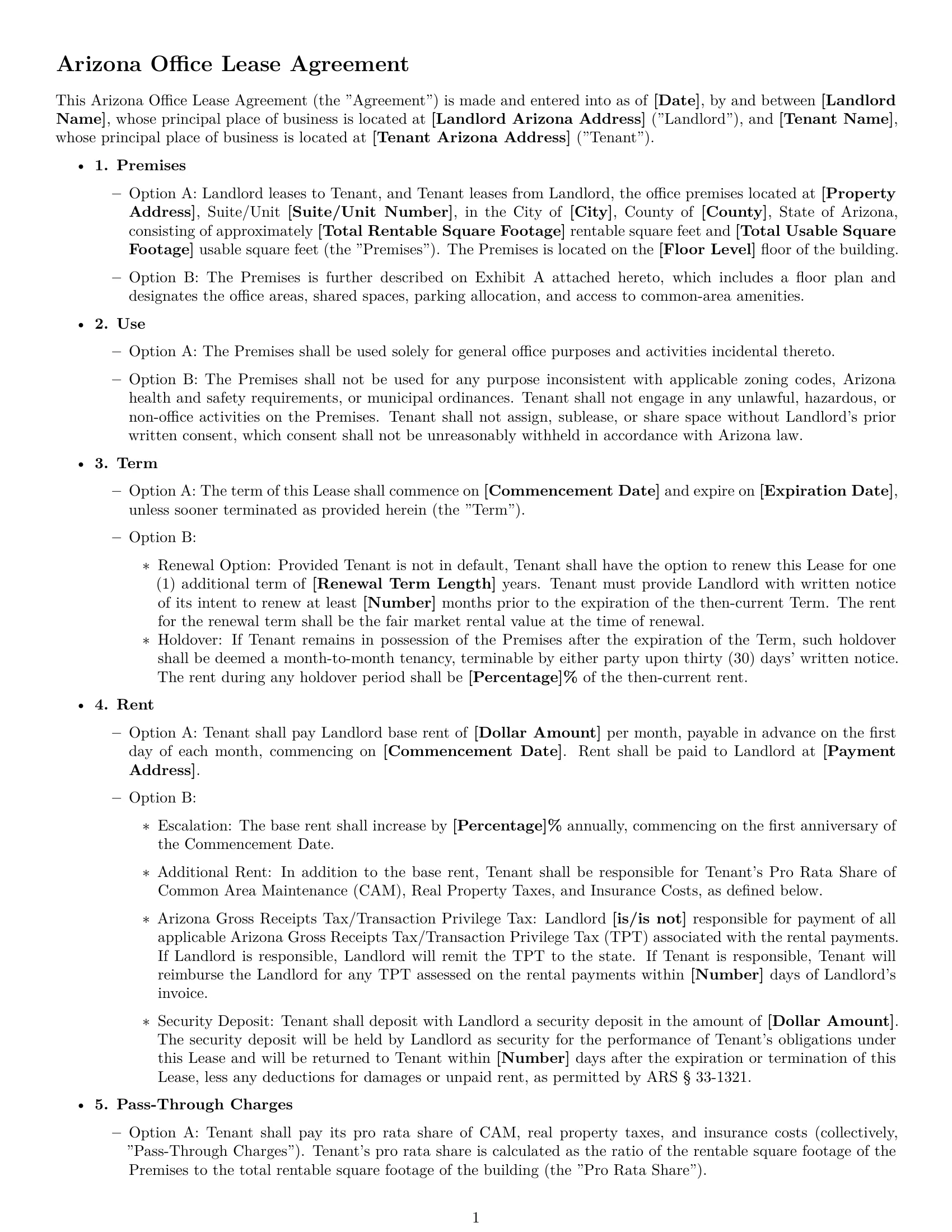Preview page 1 of Free Arizona office lease agreement template