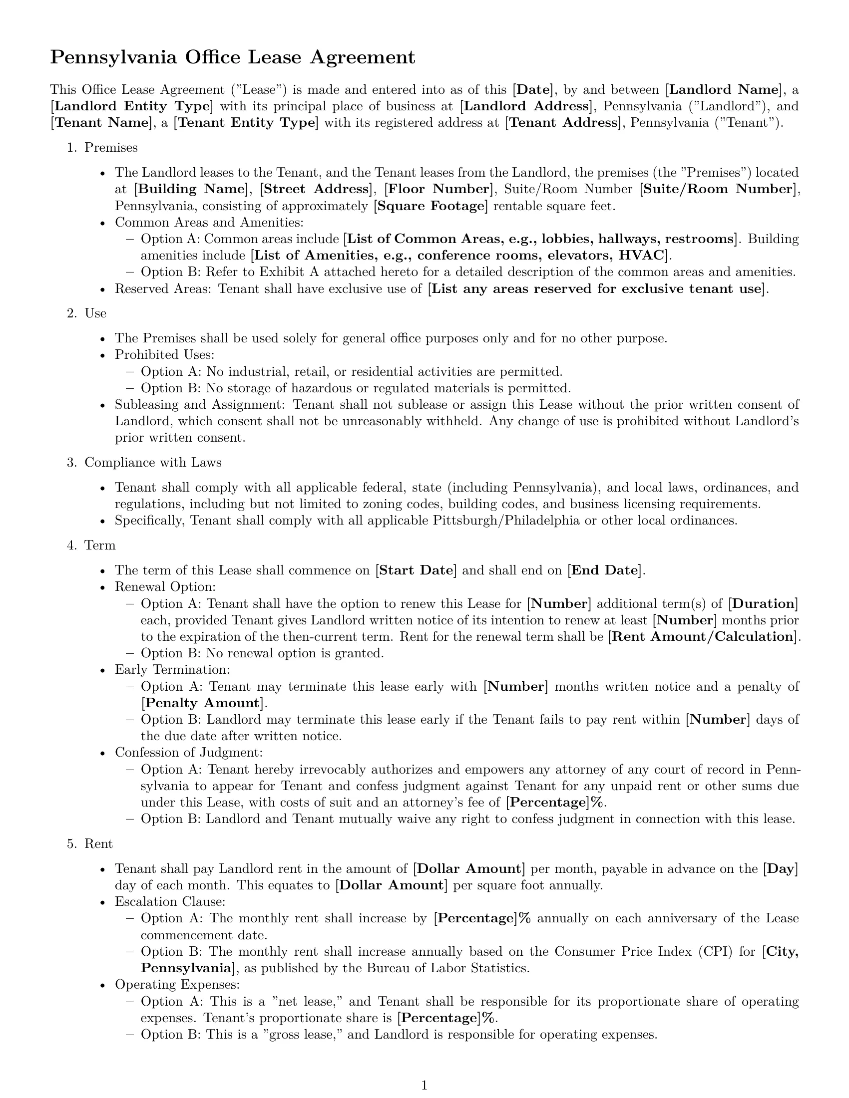 Preview page 1 of Free Pennsylvania office lease agreement template