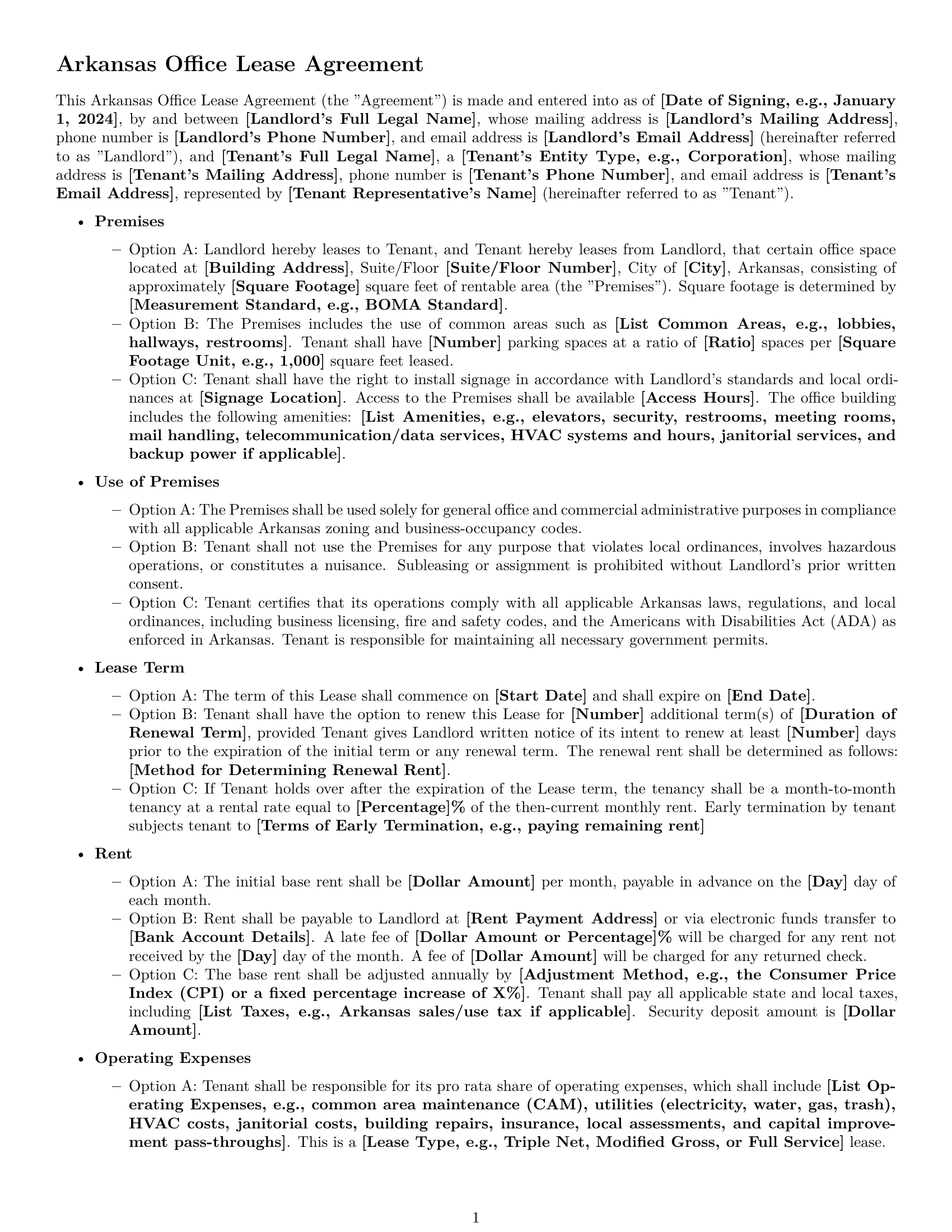 Preview page 1 of Free Arkansas office lease agreement template